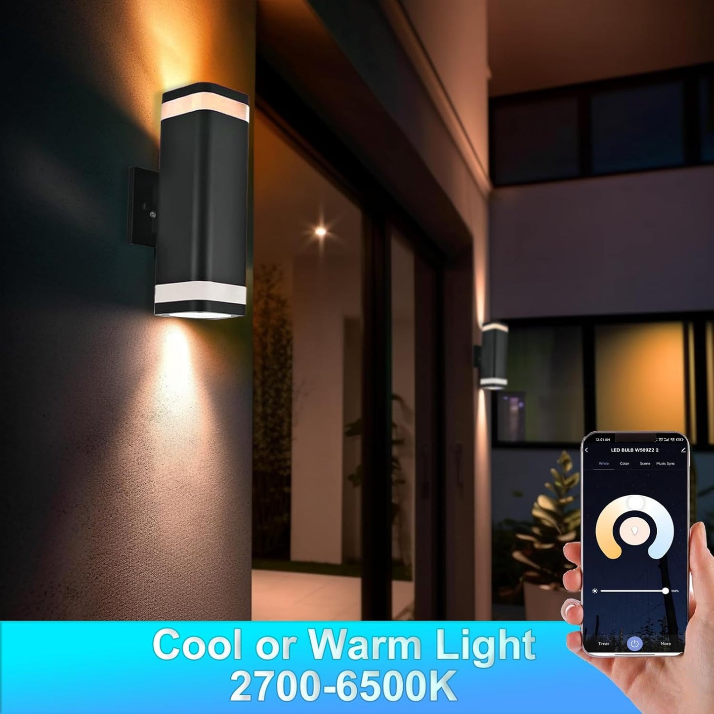 Smart RGB Outdoor Wall Lights, 2 Pack Color Changing Porch Lights, Cylinder Up and Down Lights Outdoor Wall Sconce, Exterior Lighting Fixture Compatible with Smart Life & Tuya Smart