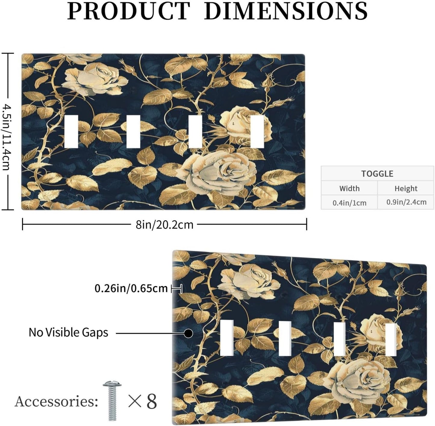 Light Switch Covers Boho Vintage Floral Golden Flower Dark Blue Background Quad Toggle Electrical Faceplate 4 Gang Wall Plate Decorative Switch Plates for Bedroom living Room Decor