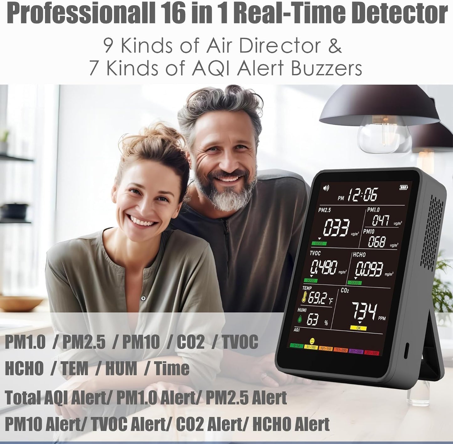 Professional Indoor Air Quality Monitor with AQI, Portable Real-Time Detector for Home Cars Plants and Pets (Black)