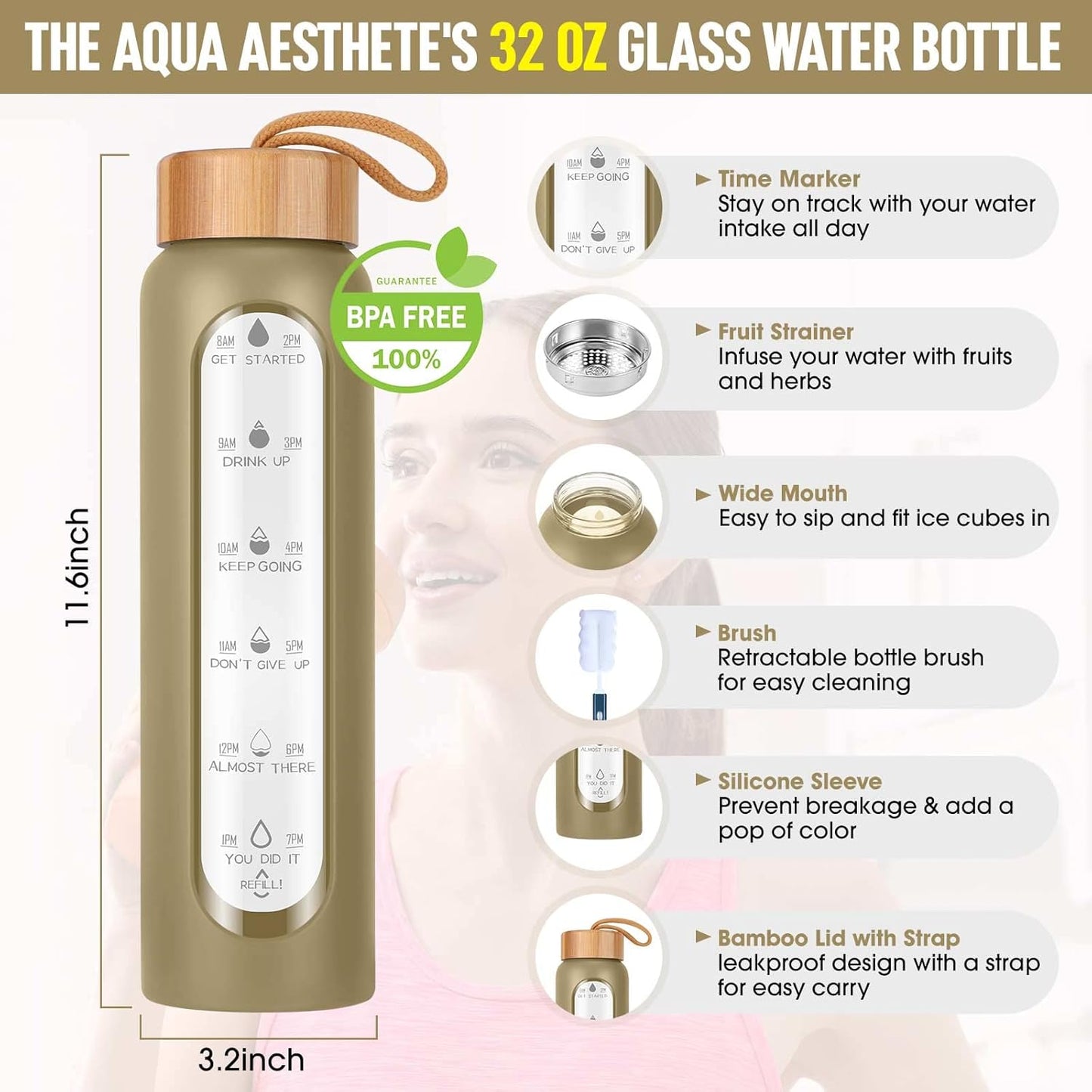 Aqulea Glass Water Bottles 32 Oz with Silicone Sleeve - BPA Free Reusable Wide Mouth Glass Motivational Water Bottles with Fruit Infuser – Leak Proof Borosilicate Water Bottle with Time Marker (Champ)