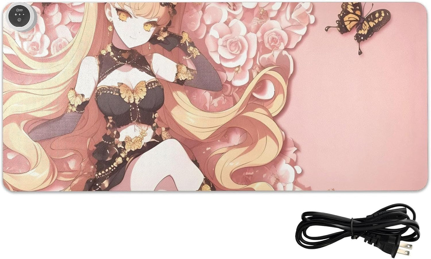 Large Heated Mouse Pad,Leather Desk Mat,31.5"x13",Hand Warmer Pads for Desk,Girl Butterfly(Glod Pink)