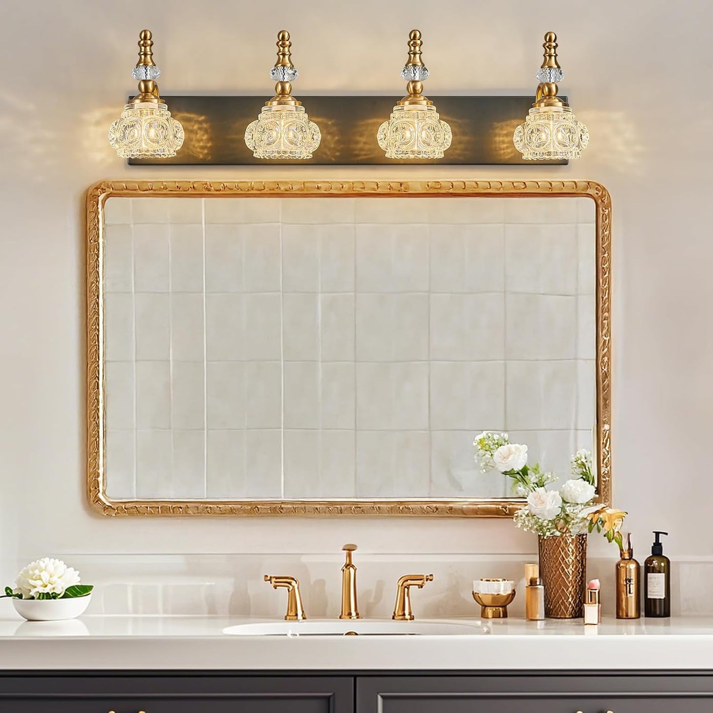 Bathroom Light Fixtures, Modern Glass Crystal Bathroom Vanity Light Vintage Bathroom Lighting Fixtures Over Mirror 4 Light Vanity Lights G9 Bulb (27.55 Inch, Black Gold)