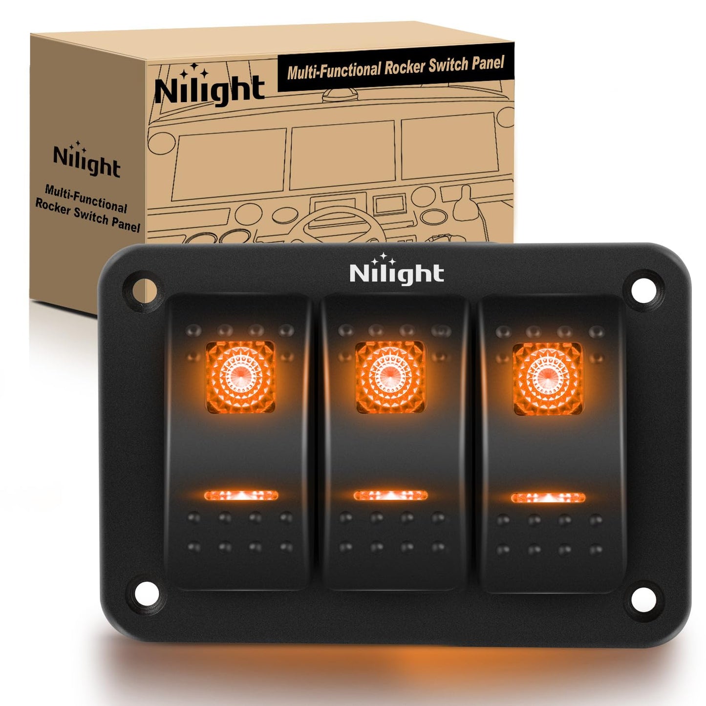 Nilight 3 Gang Rocker Switch Panel with Orange LED Light 5 Pin On Off Pre-Wired Aluminum Toggle Switches Waterproof for 12V/24V Cars Marine Boats ATVs Trailers RV Trucks