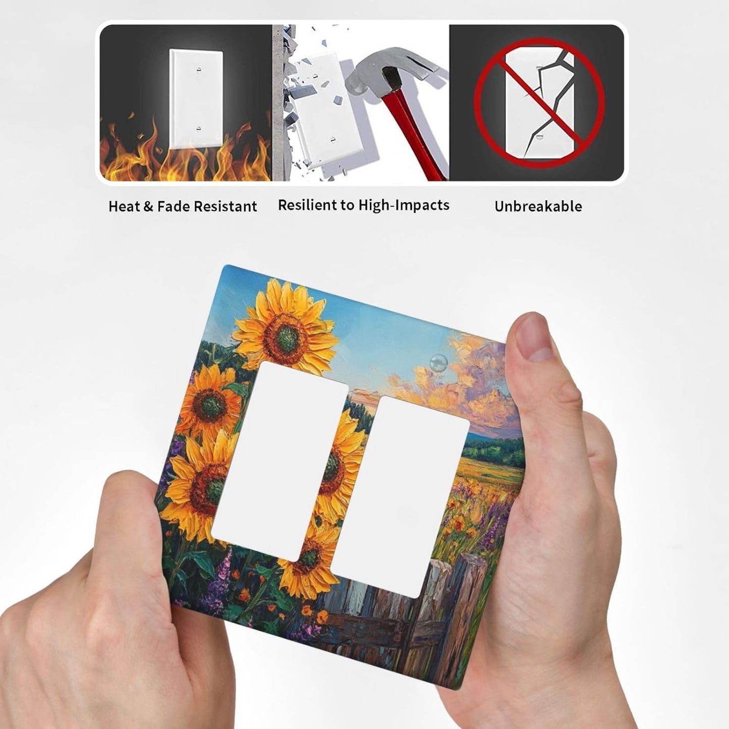 Decorative Outlet Covers Rustic Wilderness Sunflower Lavender Muzha Oil Painting 2 Gang Wall Plate Double Rocker Two Switch Wall Cover Plate Jumbo Dual GFCI Faceplate