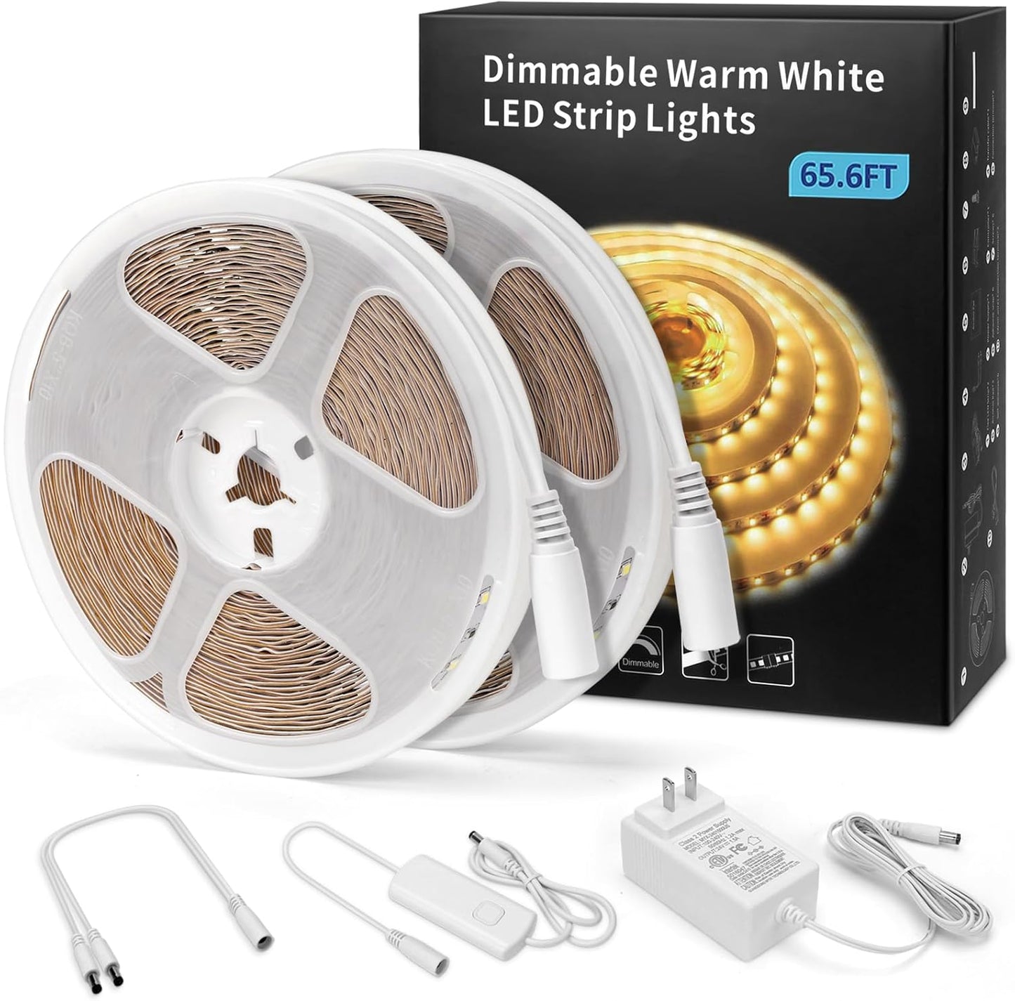 MYPLUS Under Cabinet Lighting Kit, 65.6Ft Dimmable Led Strip Lights with 1200 LEDs,24V, Low Power Safety Adapter, Flexible Tape Light for Kitchen Cabinet,Bedroom,Counter,Shelf (Warm White-3000k)