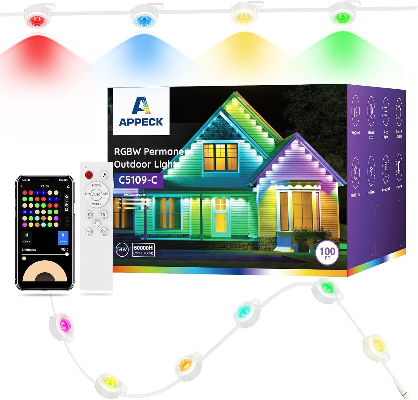 APPECK Permanent Outdoor Lights 100ft with 72 LEDs, 111 Scene Modes, Smart RGBW Lights with 40lm Warm White, App & Remote Control for Christmas, Halloween, Works with Alexa, Google Assistant, White