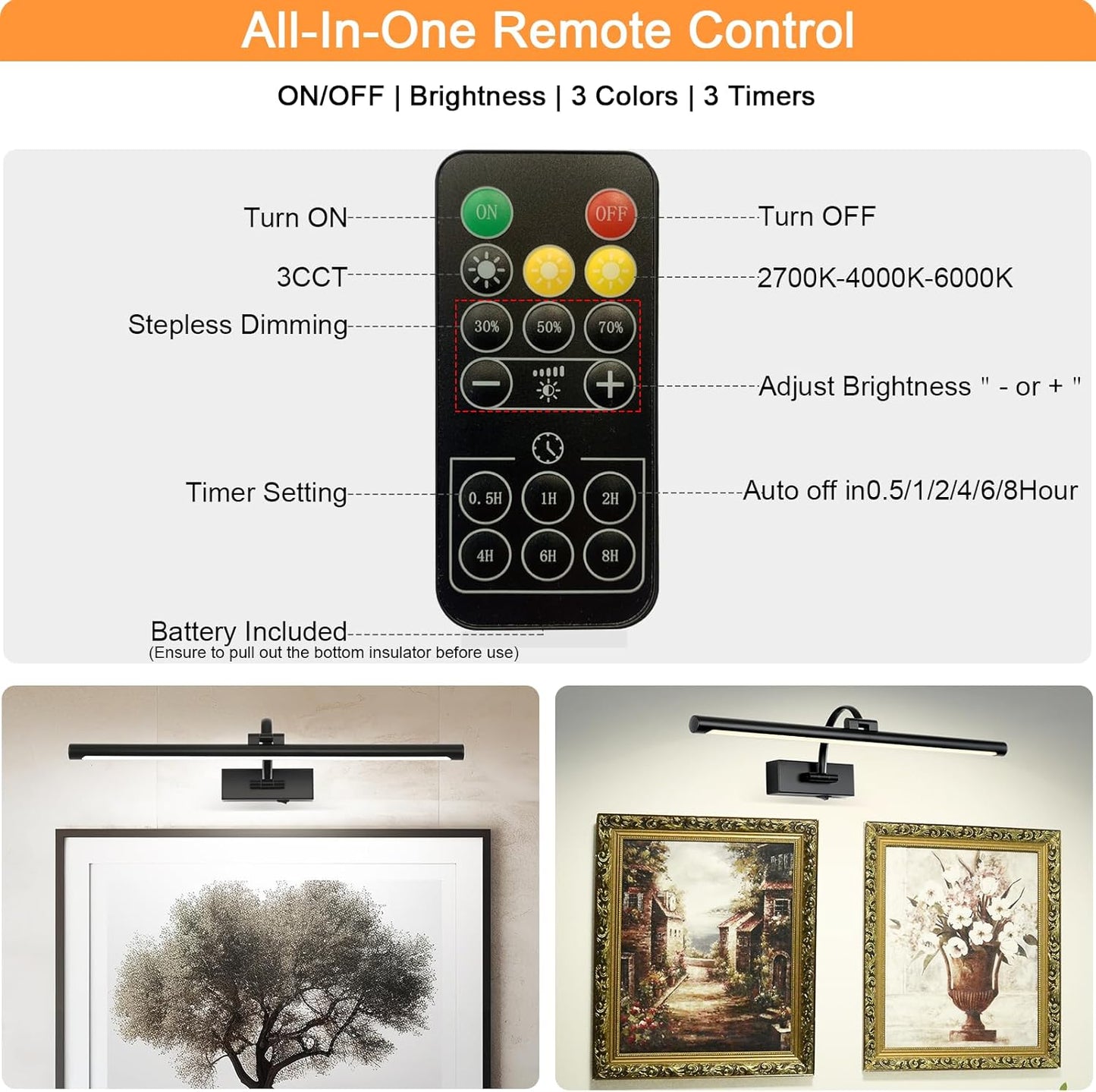 Picture Light Battery Operated with Remote, 3CCT Dimmable Picture Light for Paintings, Black Rechargeable 24 inch Battery Operated Wall Sconce for Art Lighting Gallery Portrait Artwork
