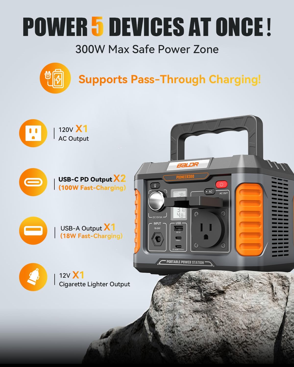 BALDR Portable Power Station 300W 231Wh Power Bank with 100W Two-Way Fast Charging 2Hr to 80% 120V Pure Sine Wave AC Outlet Solar-Ready for Camping and Emergencies. (Solar Panel Optional)