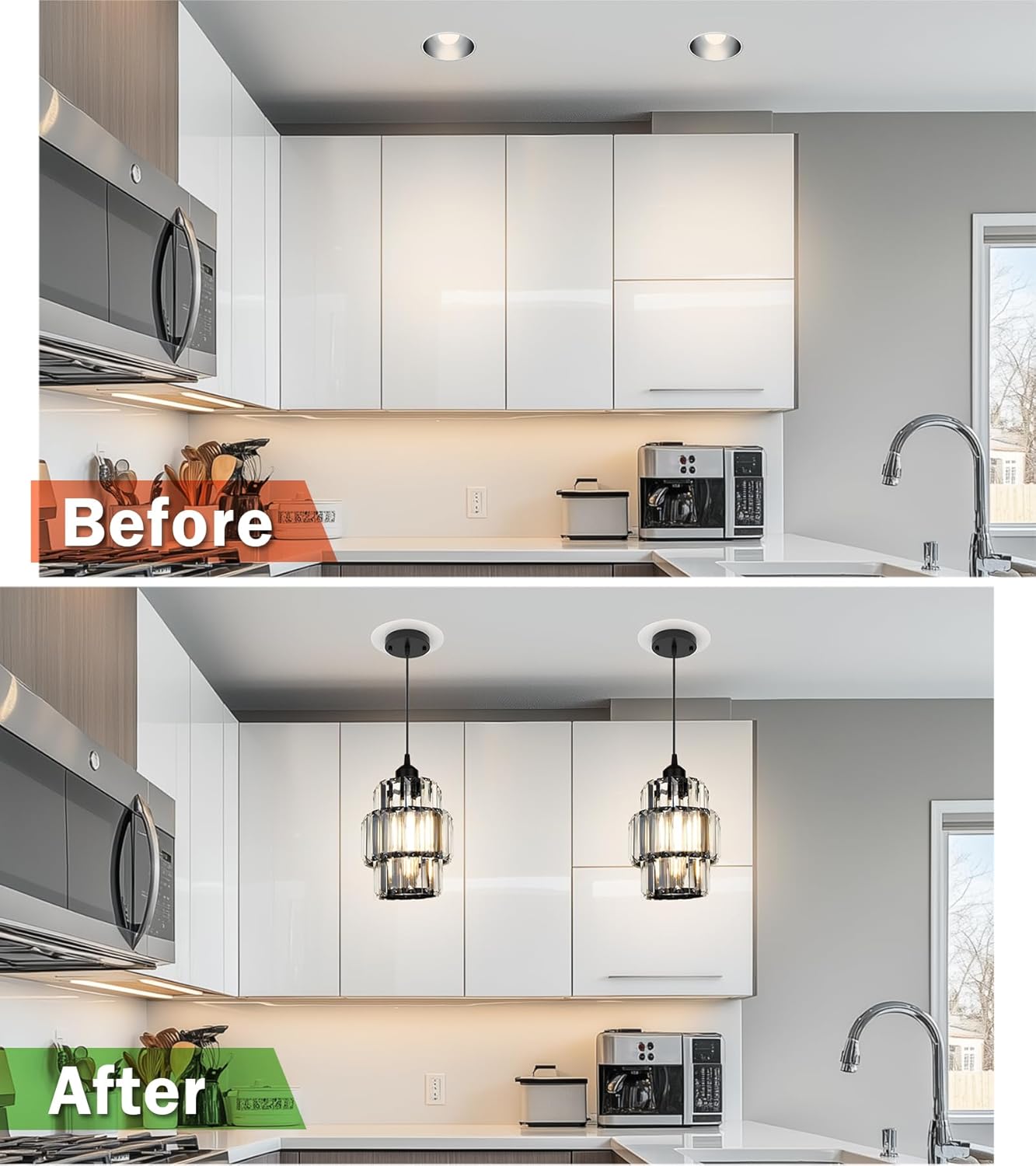 Recessed Can Light Conversion Kit for 5" and 6" Ceiling Fixtures - Pendant/Hanging Light Upgrade, Compatible with Ceiling Fans, Includes 7¾" Flat Steel Medallion, White Finish