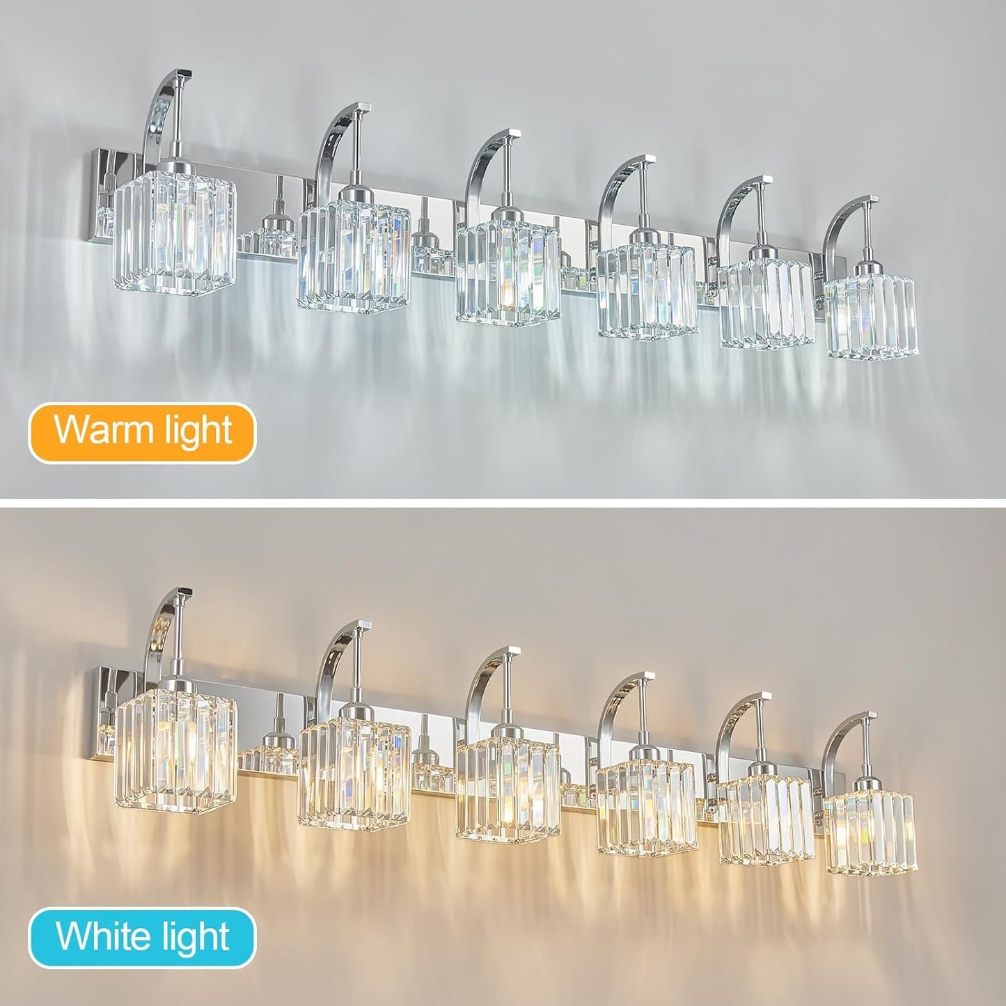 Crystal Vanity Lights 6-Light Chrome Bathroom Vanity Lights Modern Crystal Bathroom Light Fixtures Over Mirror 51.18" Long Vanity Light for Bathroom
