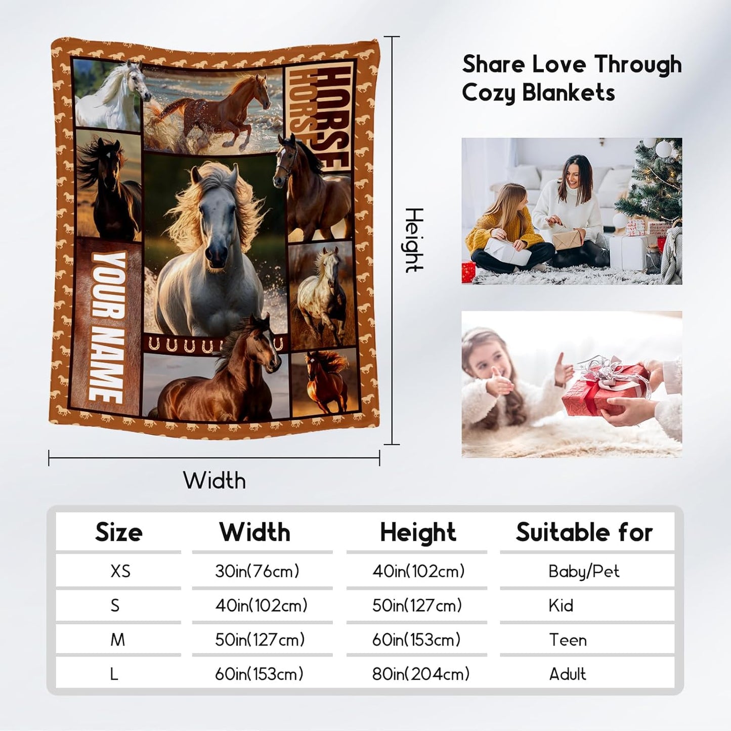 Custom Girls Blanket, Personalized Horse Gifts for Girl Ages 8-12 10-12, 40"x50" Kids Throw Blankets for Adults Women, Cowgirl Room Decor Western Throws for Animal Lovers