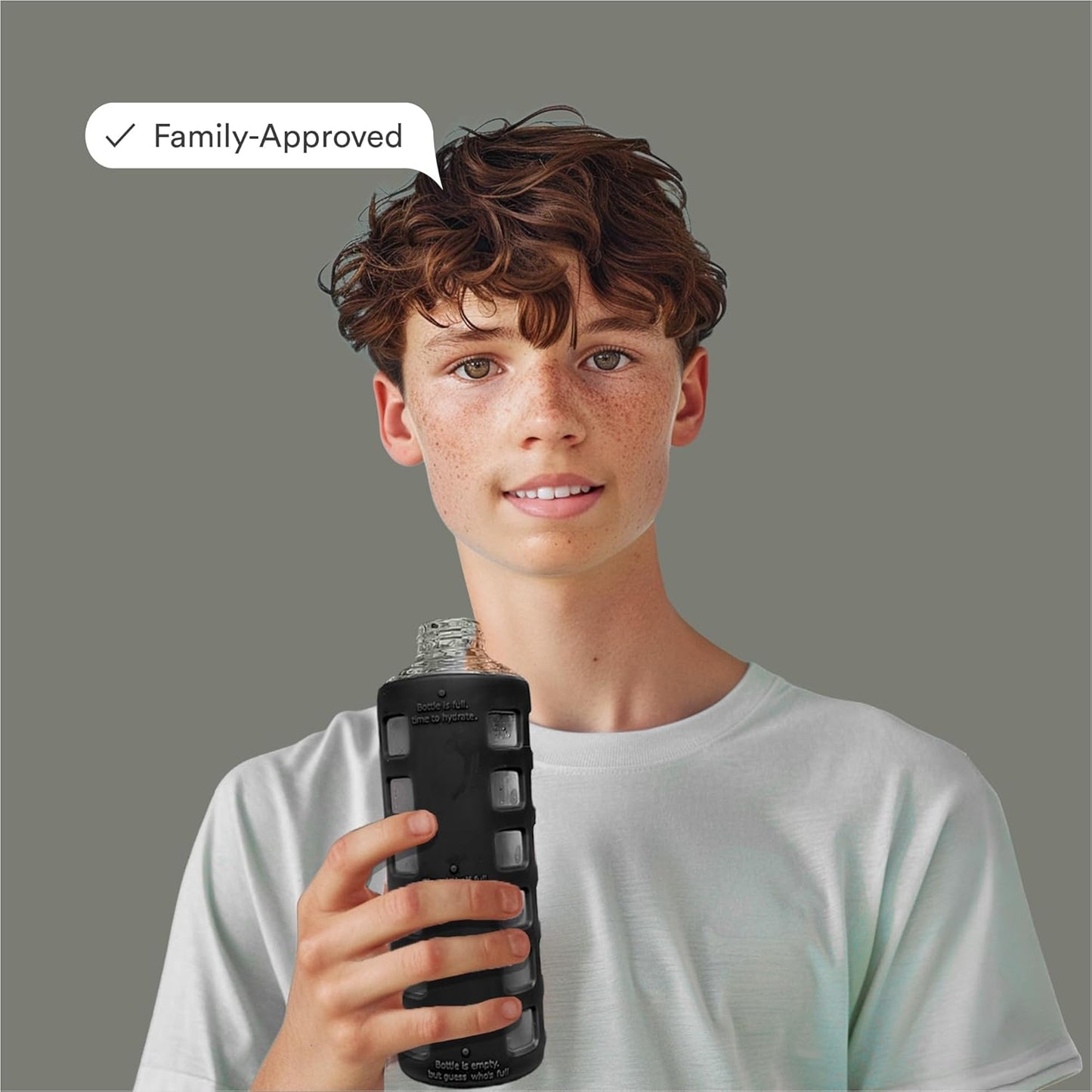 purifyou 40oz / 32oz / 22oz / 12oz Borosilicate Glass Water Bottle with Time & Volume Markers, Silicone Sleeve, Stainless Steel Lid | Reusable Glass Bottle for Water & Juice (12oz JetBlack)