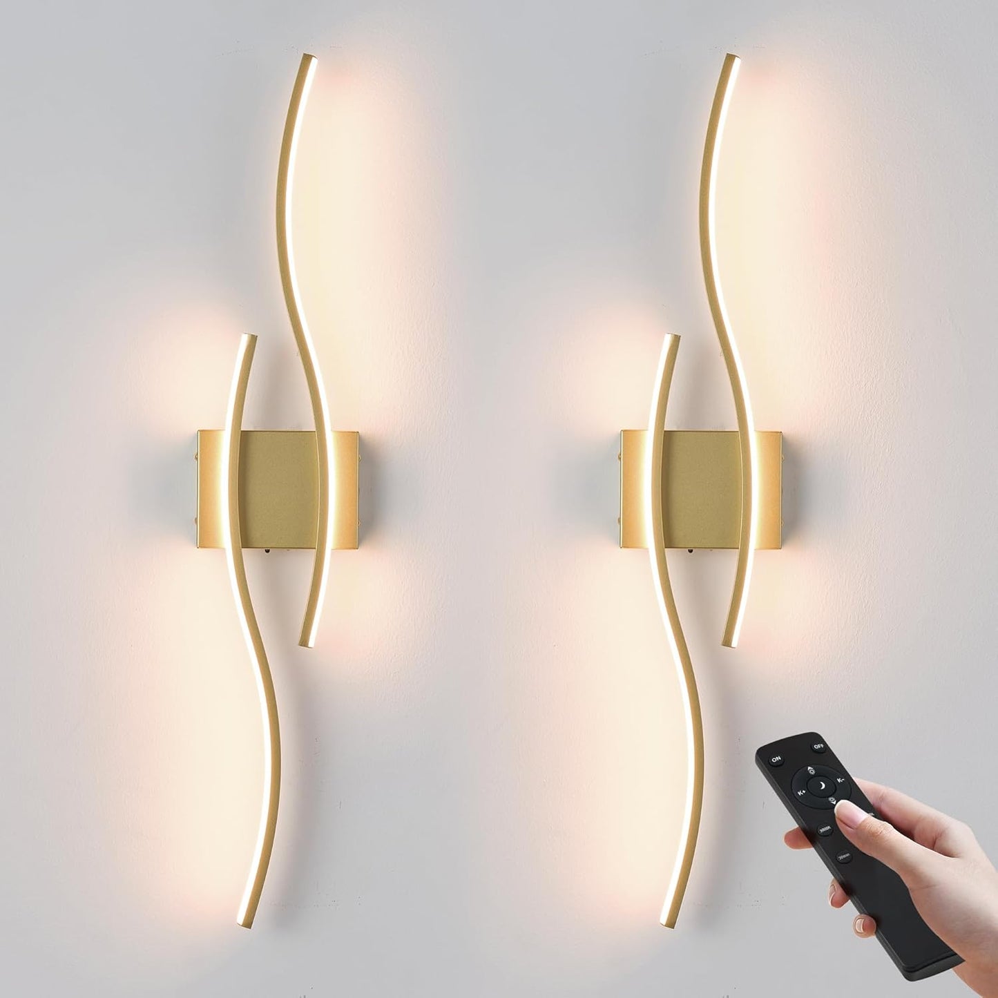 Battery Operated Wall Sconces Set of Two with Remote Control, Dimmable/3 Colors/Night-Light/Timer/Memory, Gold Modern Wireless LED Sconce for Living Room, Hallway, Bedroom, 31.4 Inch (2 Pack)