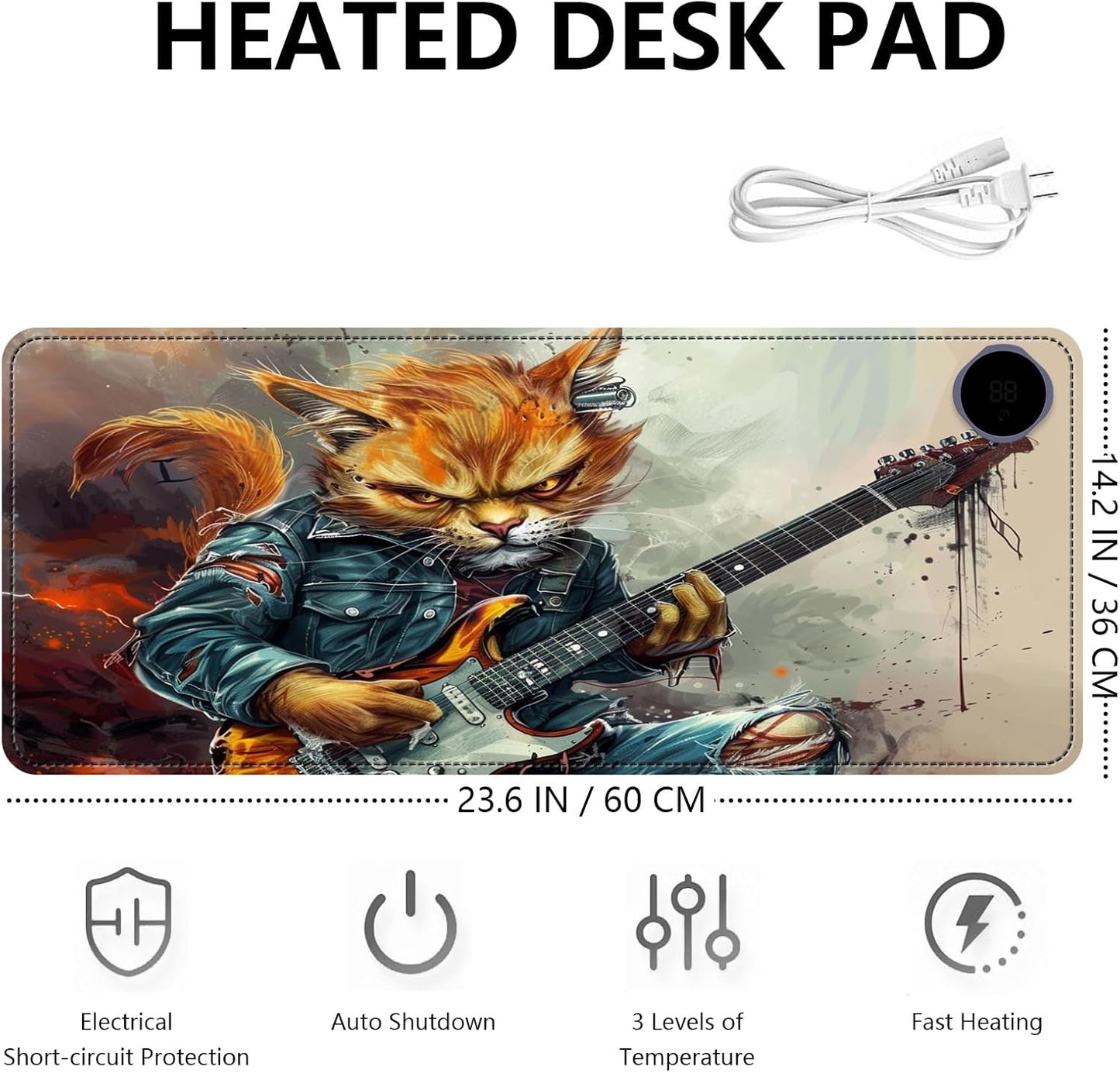 Heated Mouse Pad with 3 Levels Heated & 3 Hours Auto Shut-Off Mouse Pad for Warming Hands in Office Home, 23.6" x 14.2"Large Safe Desk Mat Hand Warmer，Cat Playing Guitar