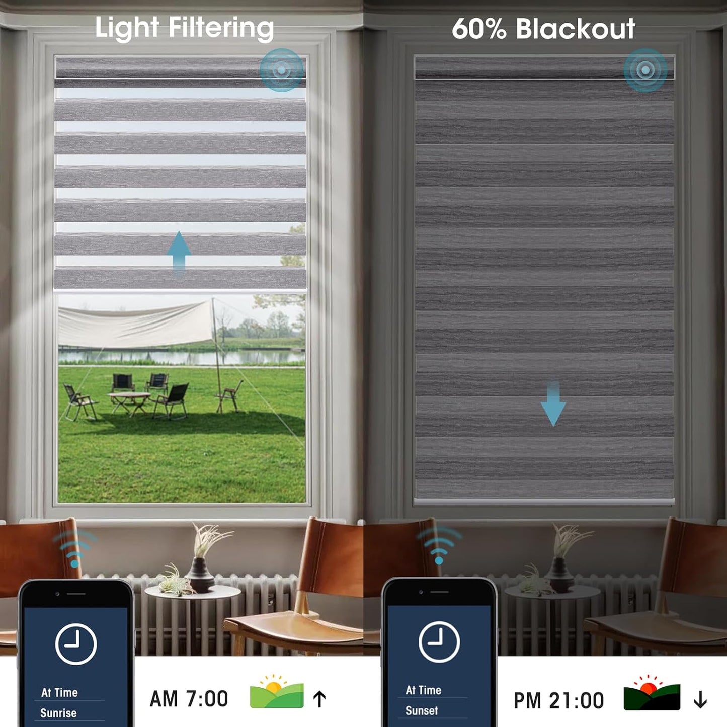 SmartWings Motorized Zebra Shades - Compatible with HomeKit, Alexa, SmartThings, Google - Remote Control Light Filtering Sheer Shades, 50% Blackout, for Smart Home/Office, Grey, Customized