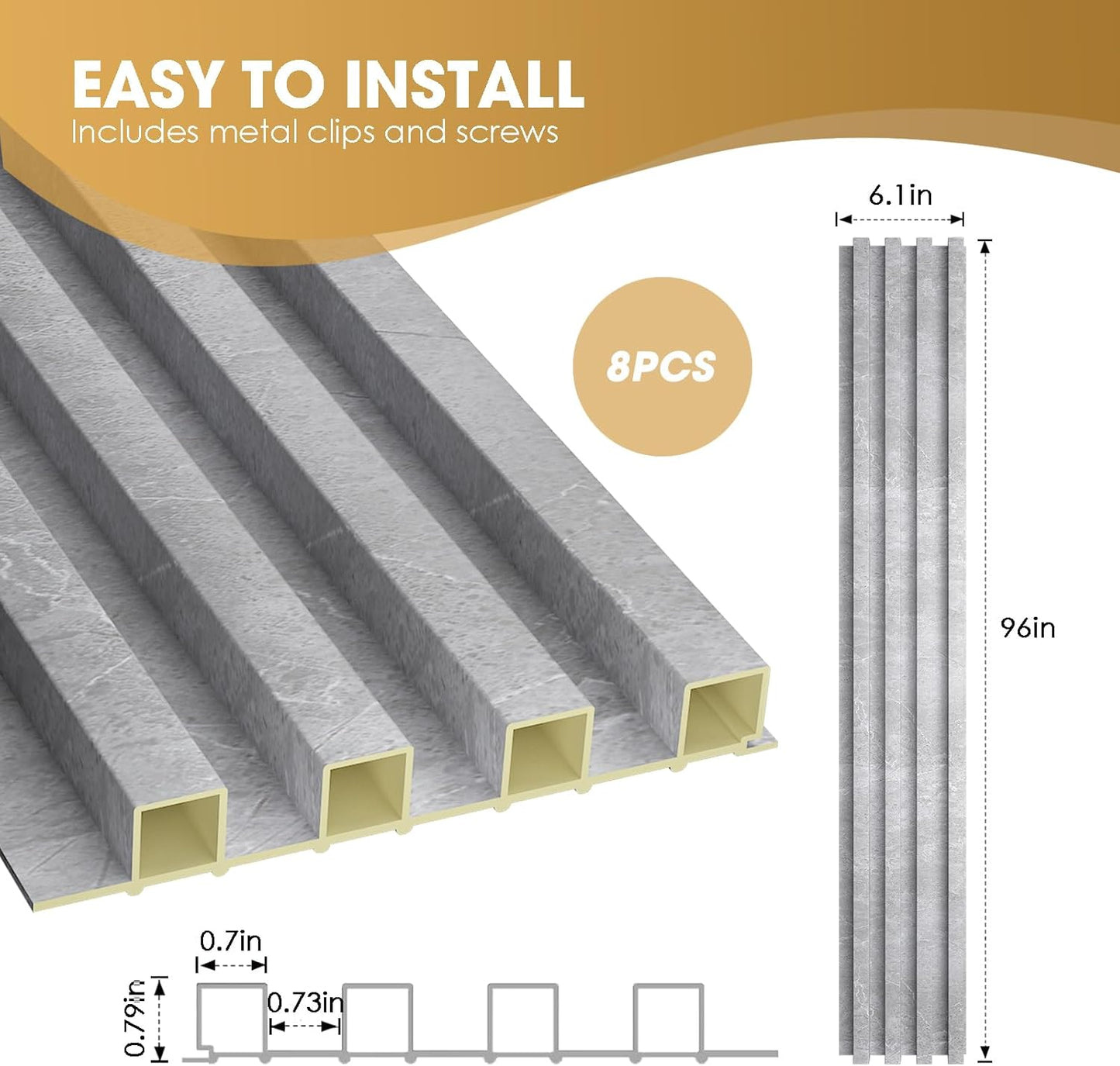 OUZUGIE WPC Acoustic Slat Wall Paneling, 8-Pack 96 x 6 Inches 3D Wall Panels for Interior Wall Decor,Living Room,TV Background,Study Room,Office Spaces,Bedroom,High Grille (Gray Marble)