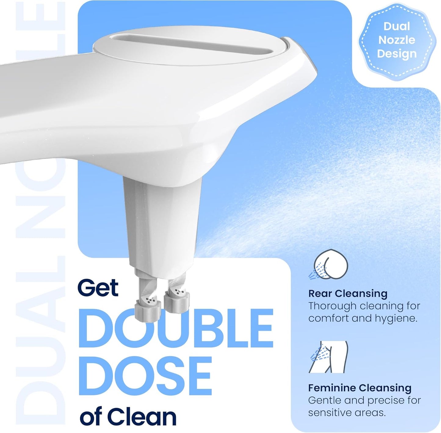 CLEAR REAR Bidet Attachment for Toilet Seat - Non-Electric, Self-Cleaning Dual Nozzle, Adjustable Water Pressure, Rear & Feminine Wash, Toilet Bidet Hygienic Bathroom Upgrade (White)