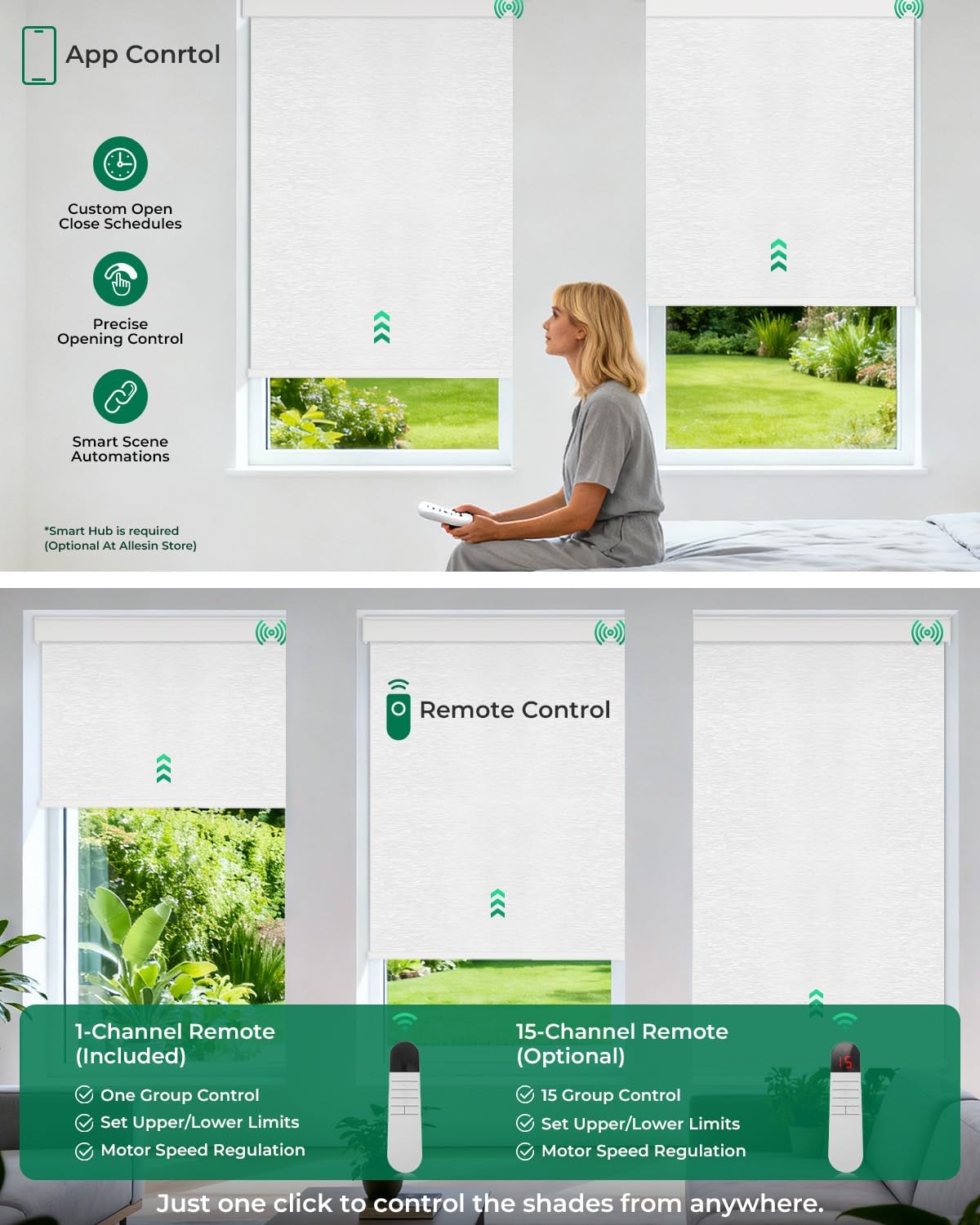 Allesin Motorized Roller Blinds – Rechargeable Smart Shades with Remote & Quiet Motor, Top/Bottom Aluminum Rails, Alexa-Compatible for Window (34" W x 72" H, 100% Blackout Cloud-Patterned)