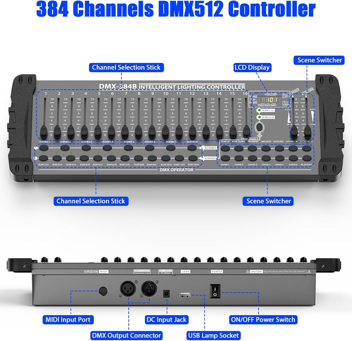 DJ Controller 384CH Fog DMX-512 DJ Controller Support 30 Banks 8 Scenes 24 fixtures Stage Lighting Console for Program Editing of DJ Lights Show Bar Club Live