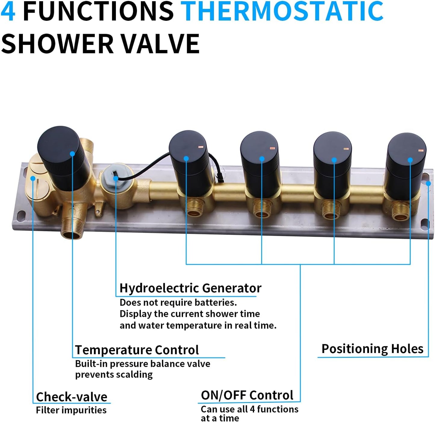 Matte Black Brass 4 Way Shower Diverter Valve Temperature Digital Display 4 in 1 Control Shower Mixing Valve Trim Kit Replacement, Flow Control