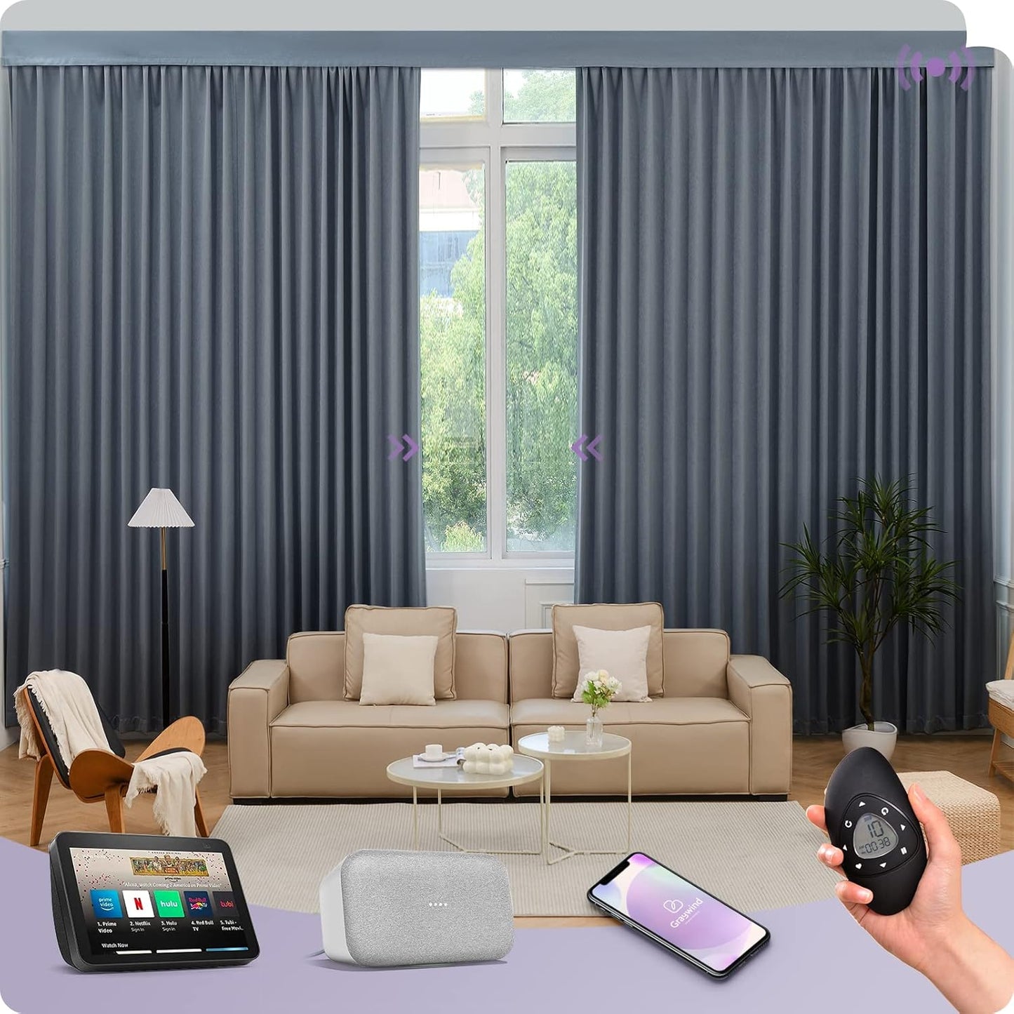 Graywind Rechargeable Smart Curtains Compatible with Alexa App Remote Control Motorized Drape for Sliding Door One-Way or Split Draw, Custom Width Up to 220" (Galaxy Series)