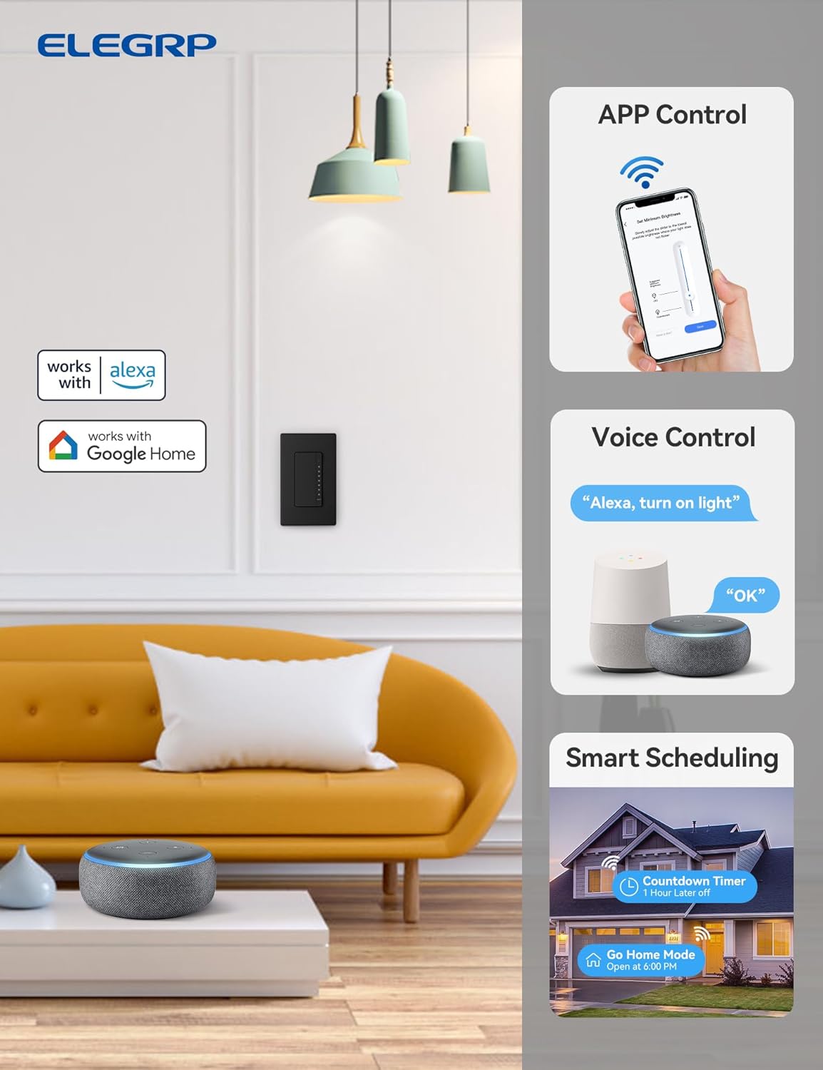 ELEGRP Single Pole Smart Dimmer Light Switch DPR10, 2.4GHz Wi-Fi Dimmer Switch Compatible with Alexa and Google Assistant, Needs Neutral Wire, No Hub Required, UL and FCC Listed, Black, 2 Pack