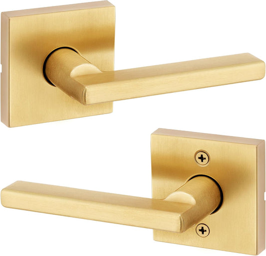 Kwikset Halifax Interior Passage Door Handle, Lever for Closet and Hallway Doors, Reversible Non-Locking Handle Lever, Satin Brass, with Microban Protection