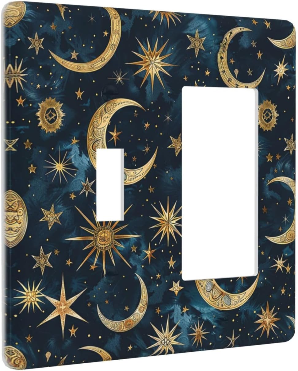 Outlet Covers Modern Abstract Sky Blue Gold Moon Sun Star 1 Toggle 1 Rocker Combination Decorative Wall Plate Electrical Switch Plates Light Switch Cover Plate for Bedroom Kids room Decor