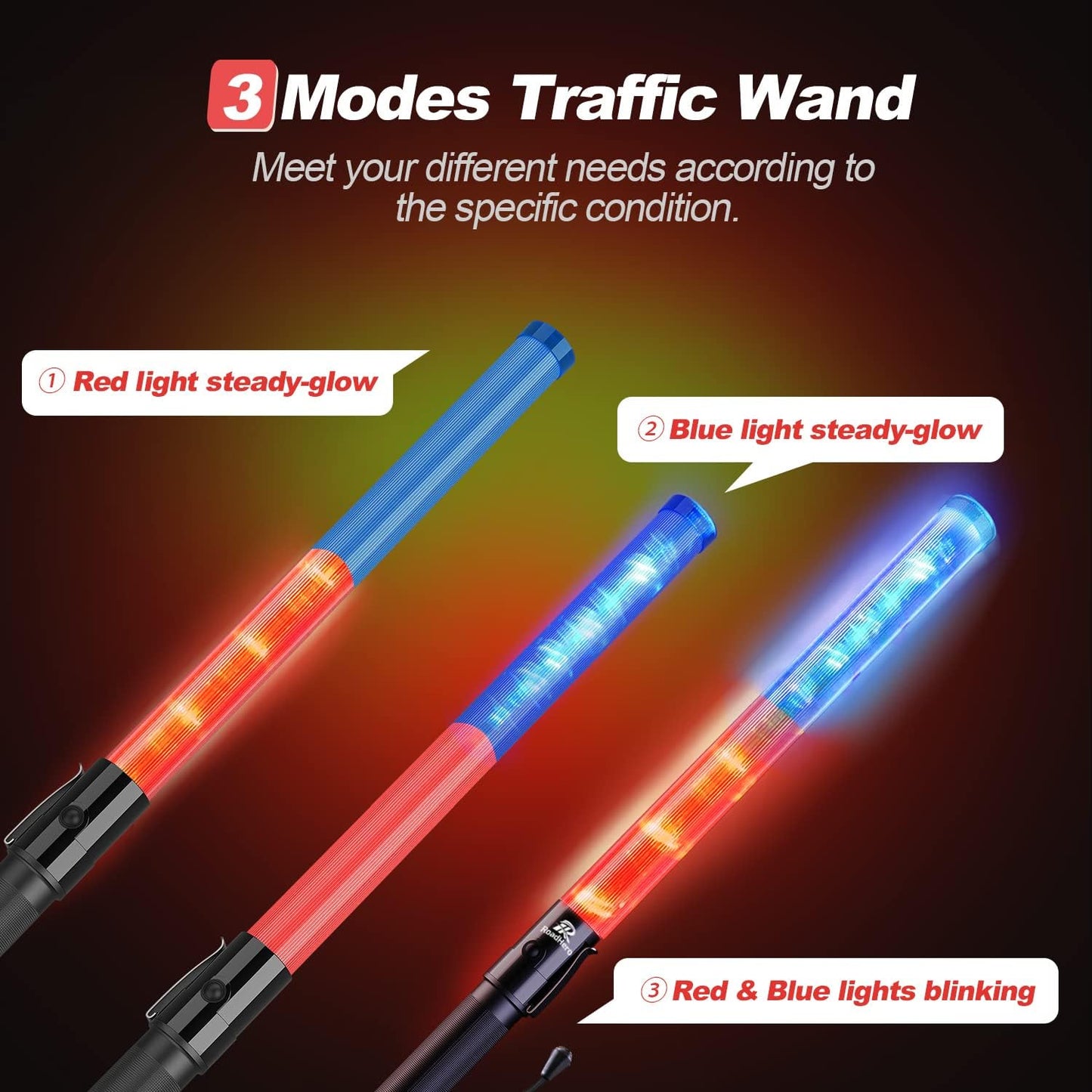 RoadHero Traffic Control Wand - 21 Inch, Red & Blue, 3 Flashing Modes, Air Marshaling Signal Wand with Side Clip for Airport, Parking, Car Directing