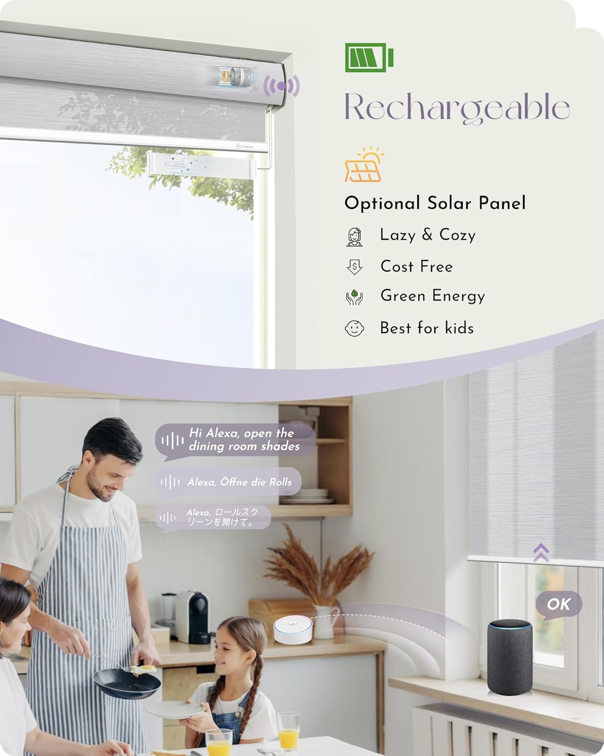 Graywind Motorized Silky Light Filtering Shades Compatible with Alexa Google Half Shading Rechargeable Remote Control Smart Blinds Electric Window Shade, Custom Size (Silky Silver Grey)