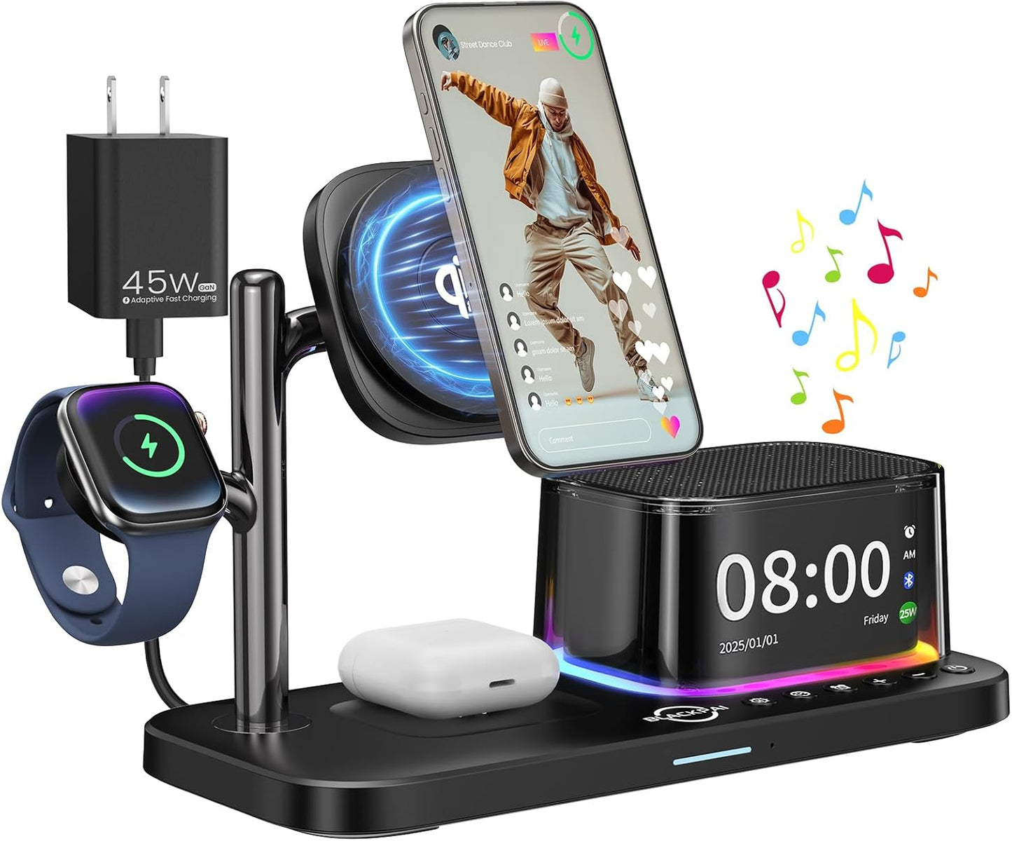 6-in-1 Wireless Charging Station for Multiple Apple Devices with Bluetooth Speakers Alarm Clock Night Light，Qi2.2 Phone Charger Stand for iPhone 17/16/15/14/13/12 Pro Max Apple Watch Airpods