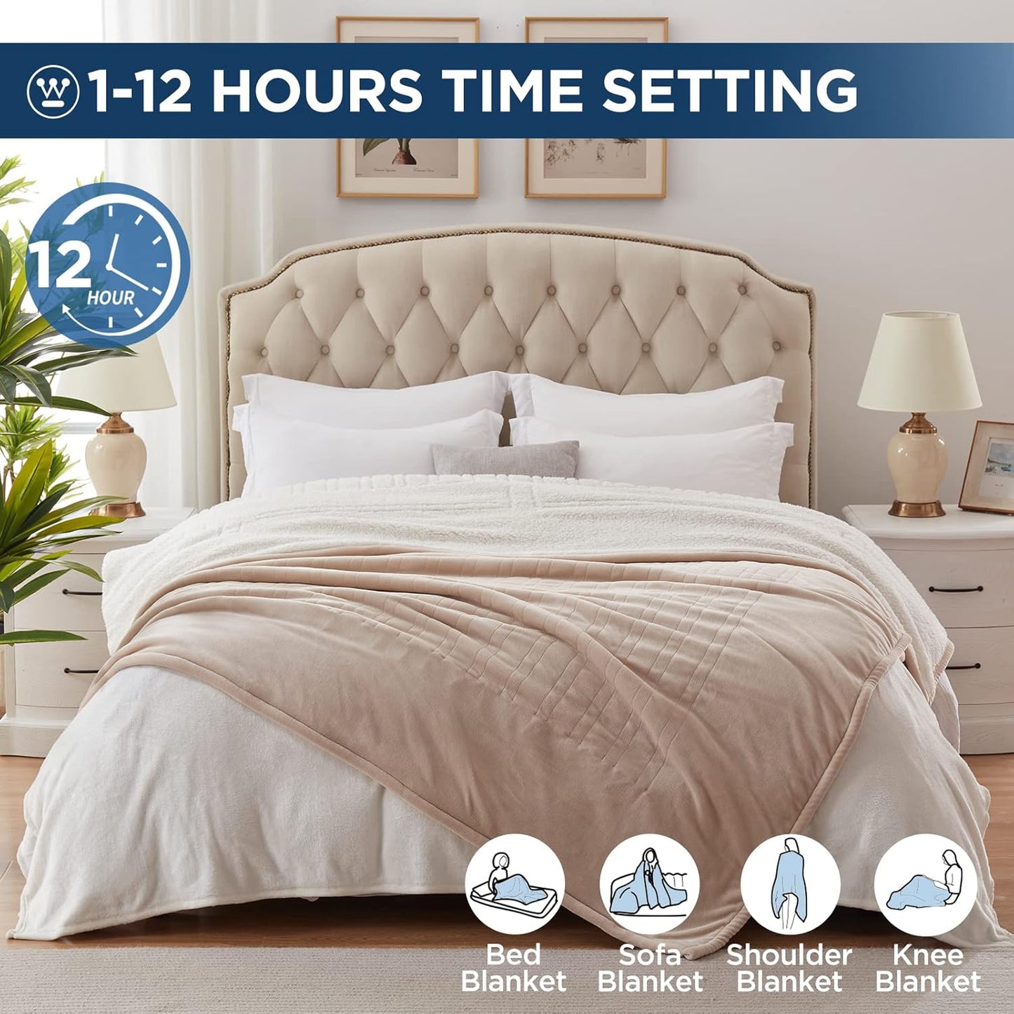 Westinghouse Electric Blanket Queen, Heated Blanket Queen Size with 10 Heating Levels and 1 to 12 Hours Heating Time Settings, Flannel to Sherpa Reversible, Machine Washable (84" x 90", Beige)