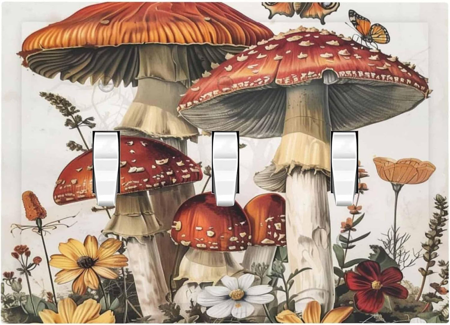 Decorative Switch Plates Mushroom Forest Butterfly Wild Flower 3 Gang Wall Plate Triple Toggle Light Switch Cover Faceplate Electrical Wall Panels For Bed Room Living Room Decor