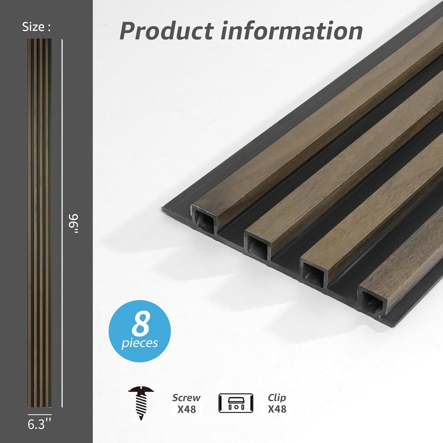 Art3d 8-Pack WPC Wood Slat Wall Panel for Interior Décor, 3D Wood Fluted Acoustic Paneling for Living Room Bedroom Home & Office Accent Wall Decor - 96 x 6 Inch Ebony
