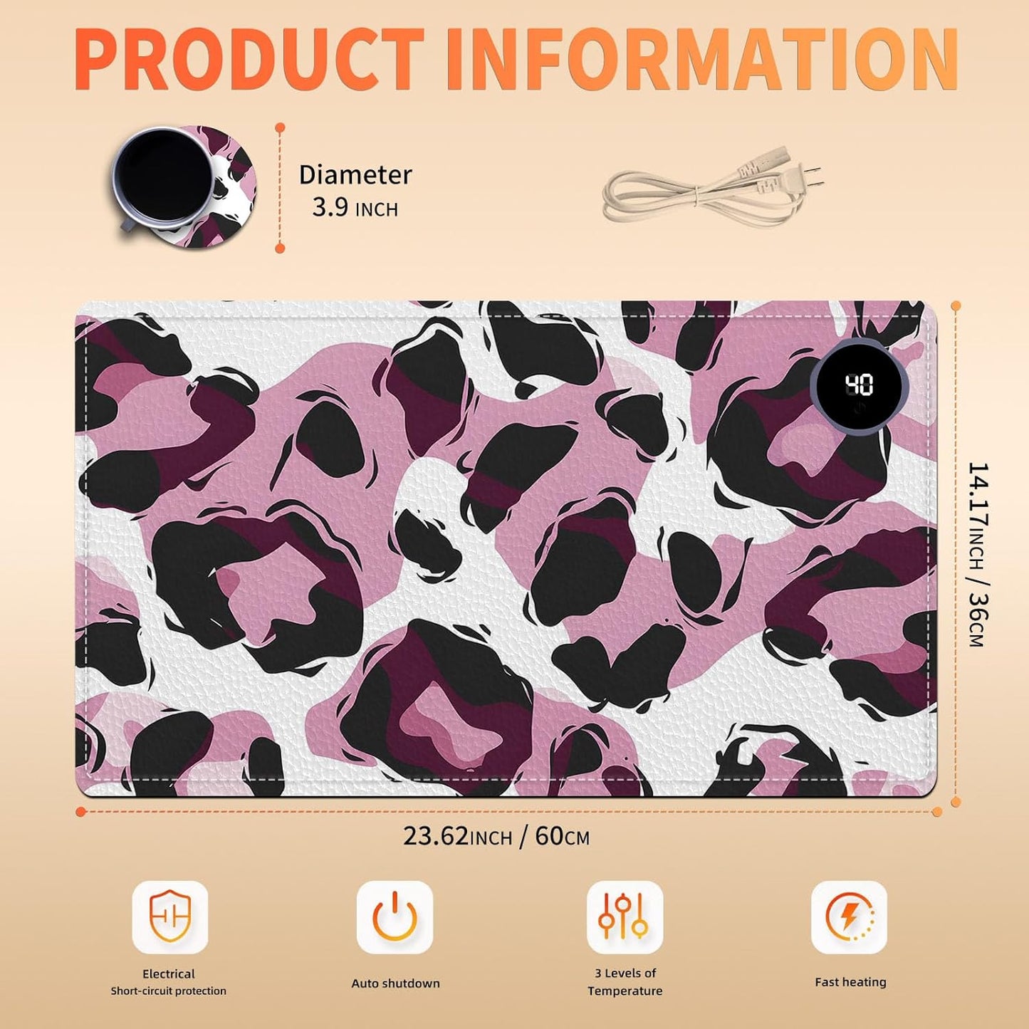 Heated Mouse Pad, Warm Desk Pad, Keyboard Mat 23.6 x 14 Inch Large Size Intelligent Fast Heating, 3 Speed Adjustable, Timed Auto Power Off for Game Office Home, Pink Leopard Print