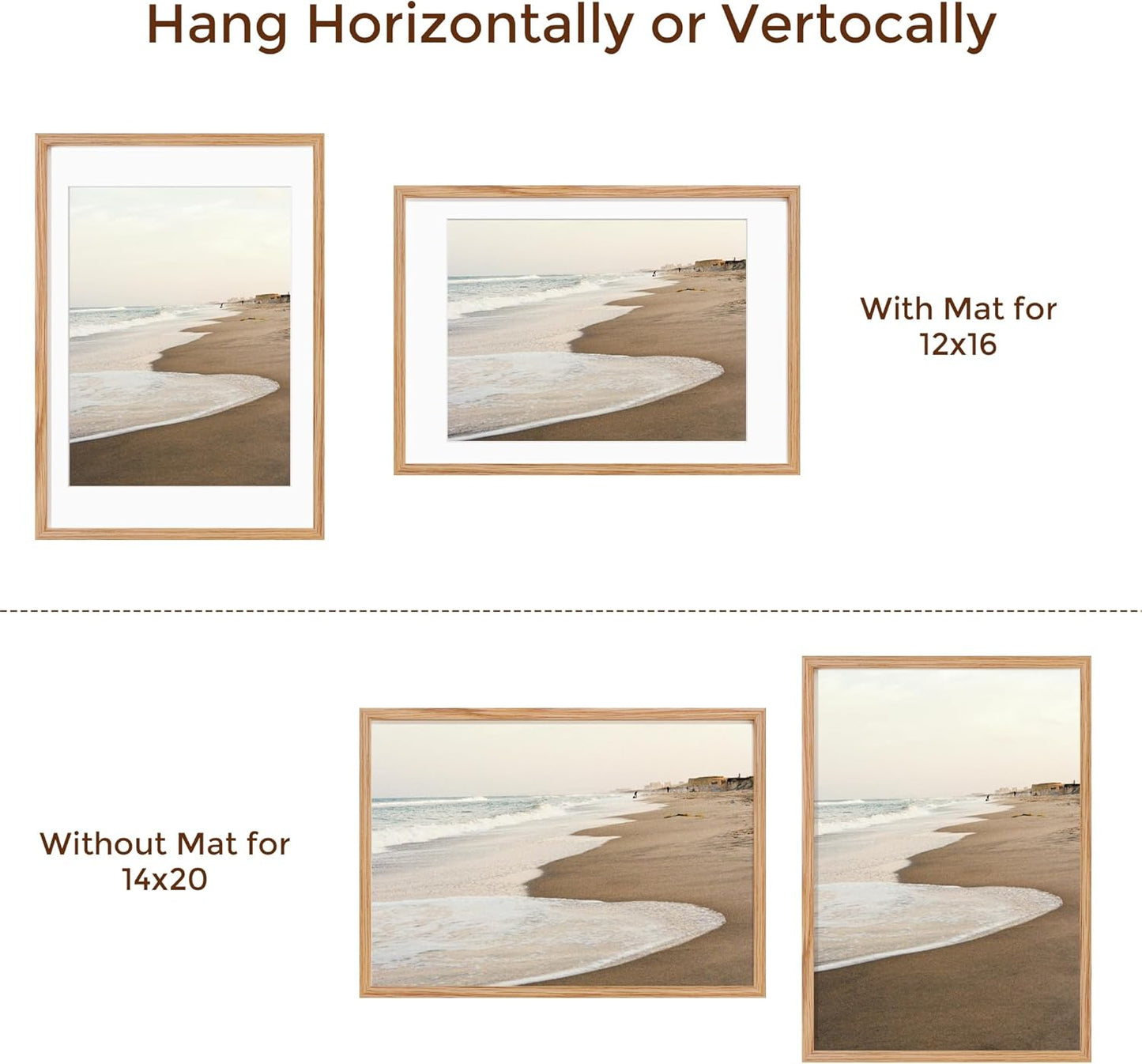 Fun Memories 14x20 Picture Frame, Solid Oak Wooden 14"x20" Photo Frame for Wall, 14 x 20 Frame Matted to 12 x 16, Tempered Real Glass, 14 x 20 Collage Gallery Frames (Natural Oak Color, 1 Pack)