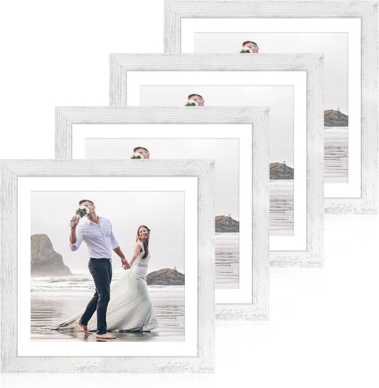 iRahmen 12x12 Picture Frame Set of 4 with Tempered Glass, Display 10x10 Pictures with Mat or 12 x 12 Without Mat, Wooden Photo Frames for Tabletop Display and Wall Mounting