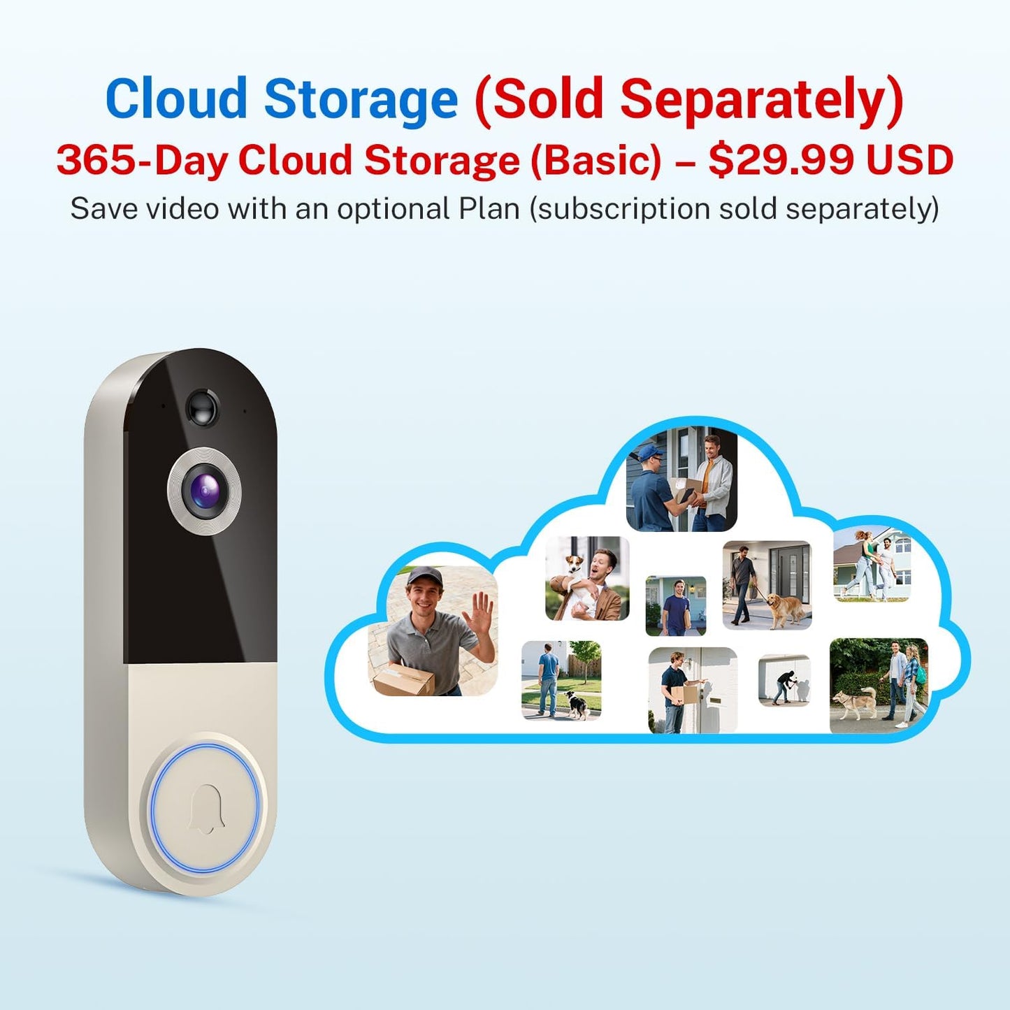 Wireless Doorbell Camera with Rechargeable Battery, 1080P Resolution, 2-Way Audio, Night Vision, AI Human Detection, Cloud Storage, 2.4G WiFi