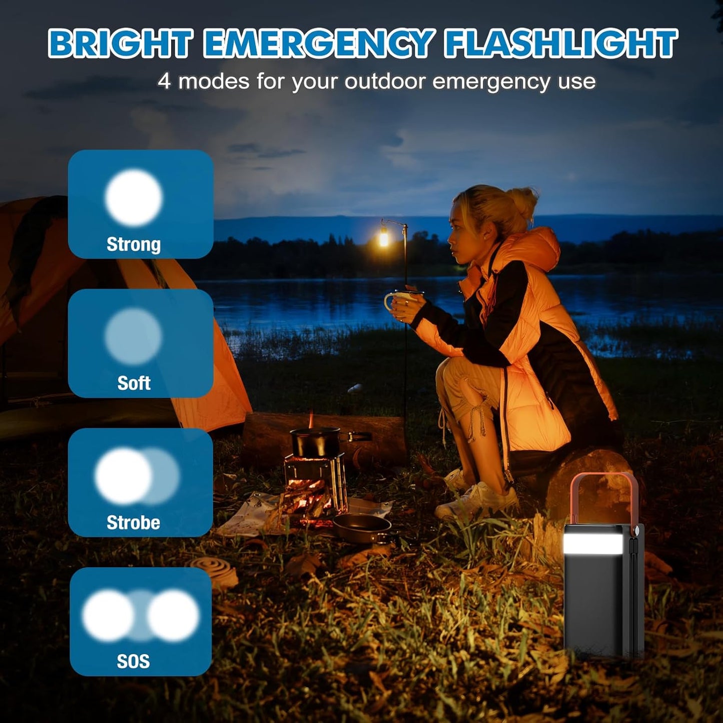 Portable Power Station 166Wh, 22.5W Fast Charging Power Bank with Built-in Cables for iPhone/Android/MacBook, 45000mAh Battery Solar Generator with LED Light for Camping & RV, Home, Travel