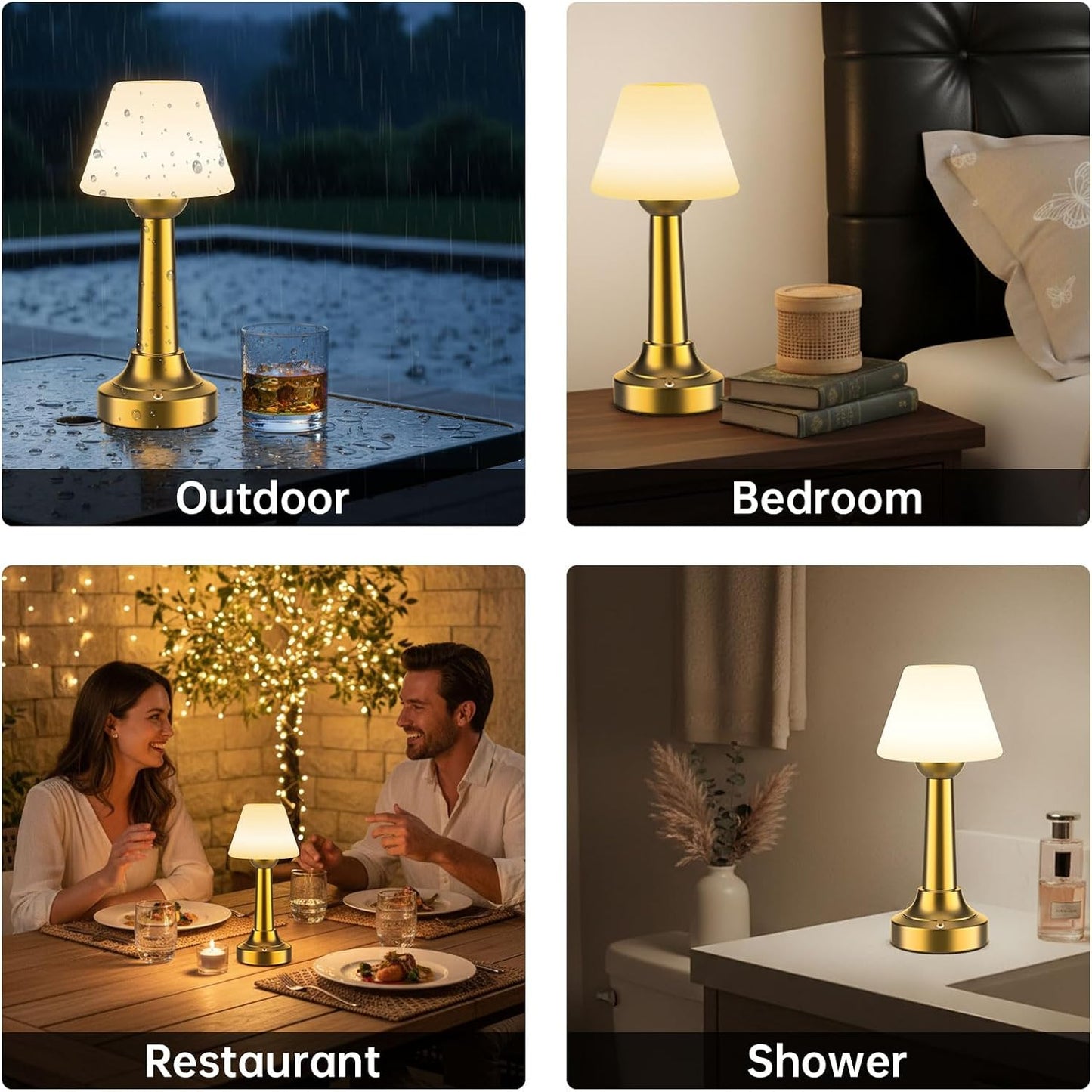 Cordless Table Lamp, Rechargeable Touch LED Lamp with 3 Color Temps & Stepless Dimming, Portable Battery Operated Light for Bathroom, Shower, Bedroom, Patio, Indoor/Outdoor Use, IP65 Waterproof