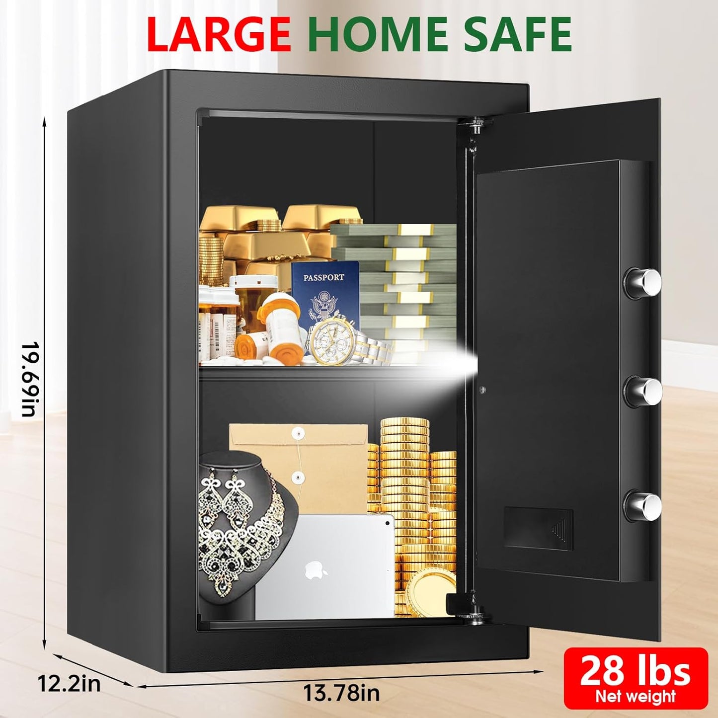 3.3 Cubic Feet Large Fireproof Safes for Home Use, Anti-Theft Digital Security Safe Box With Programmable Keypad & Spare Keys, Home Safes Water and Fireproof for Documents Money Valuables