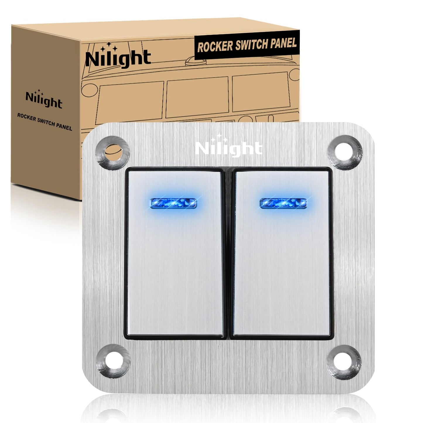Nilight 2 Gang Rocker Switch Panel 3 Pin On Off Pre-Wired Blue LED Waterproof Aluminum with DIY Stickers for 12V 24V Automotive Cars Marine Boats UTV Truck Jeeps