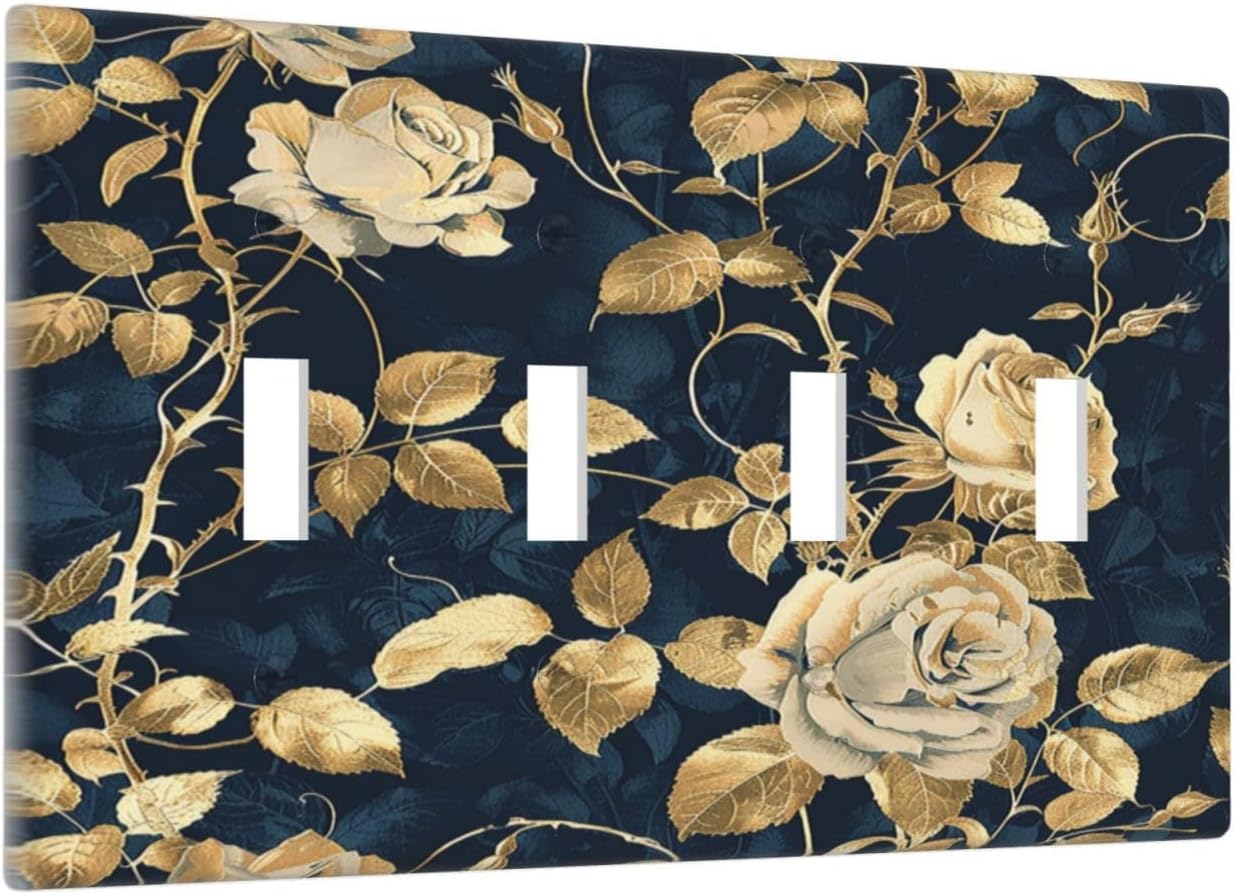 Light Switch Covers Boho Vintage Floral Golden Flower Dark Blue Background Quad Toggle Electrical Faceplate 4 Gang Wall Plate Decorative Switch Plates for Bedroom living Room Decor