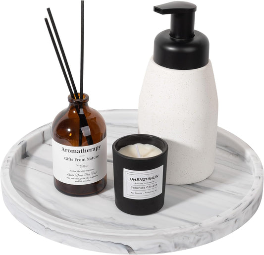 Silicone Bathroom Tray Round Vanity Tray Decorative Soap Holder Kitchen Countertop Organizer Coffee Table Decor for Candle, Perfume, Plant, 10 Inch, Marble Grey