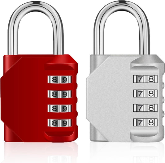 ZHEGE Combination Padlock 2 Pack, 4 Digit Lock for School Gym Locker, Outdoor Waterproof Combo Lock (Silver & Red)