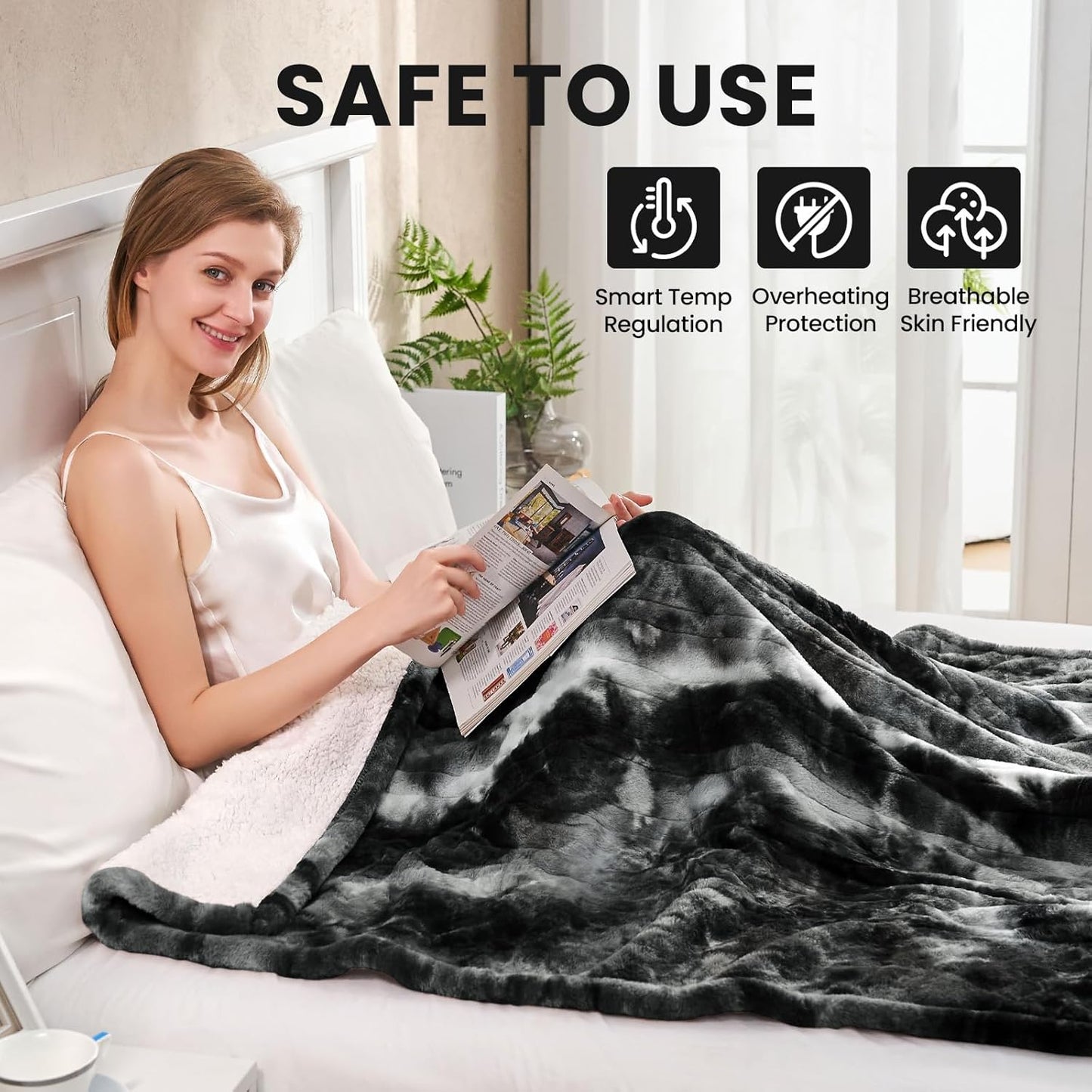 Electric Heated Blanket 62"x84",Luxury Black Twin Faux Rabbit Fur Electric Blanket,Fast Heating Soft Fluffy Thick Electric Blanket with 6 Heating Levels & 12H Auto Off