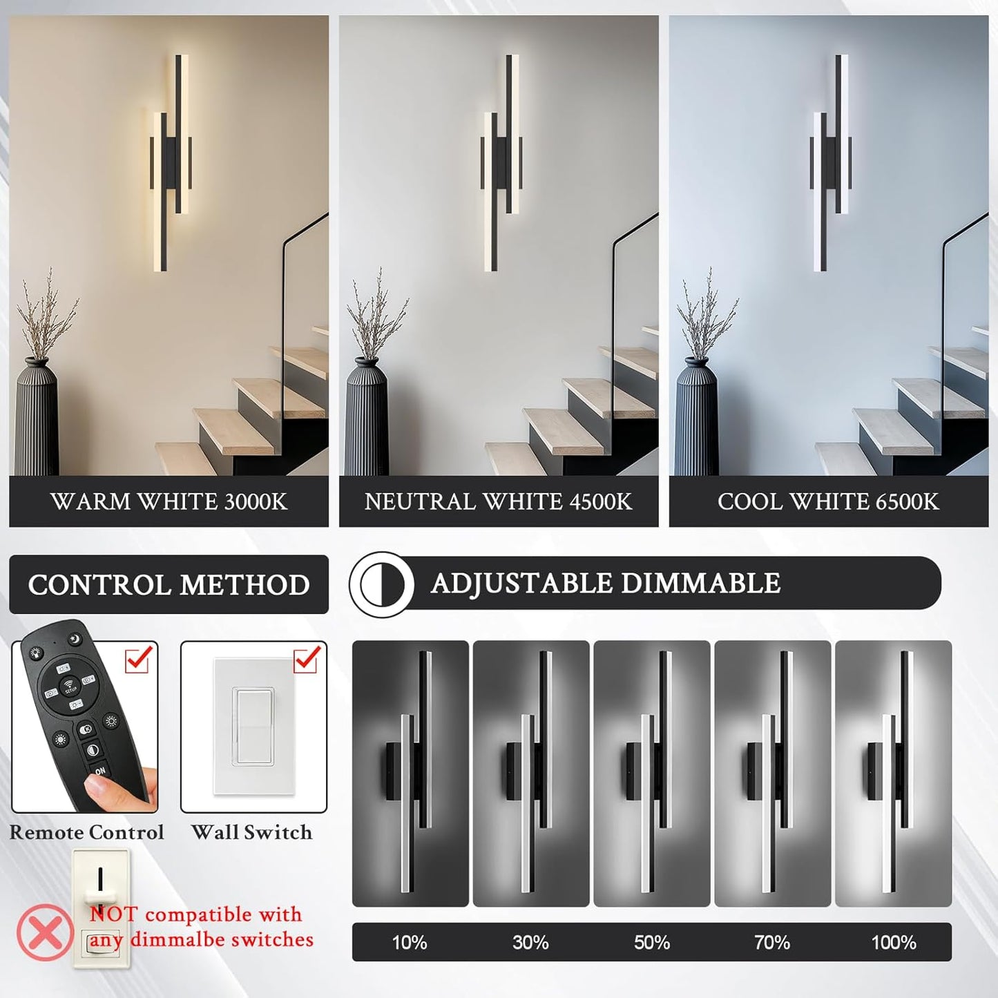 LED Wall Sconce Black Modern Remote Wall Light Fixtures for Living Room, Dimmable LED Vanity Light Indoor Remote Wall Sconce for Bedside Bedroom Bathroom Dining Room, 23.6inch 1 Pack
