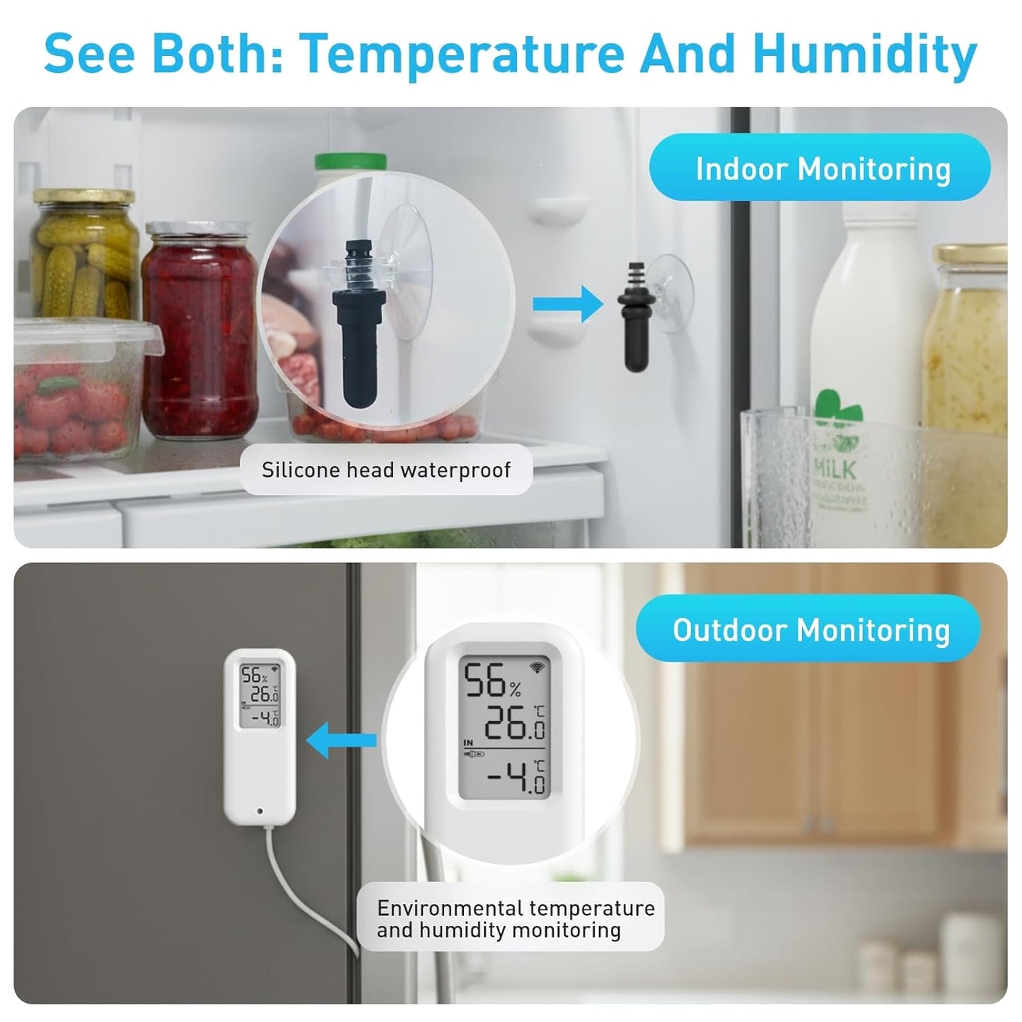Daytech Freezer Thermometer with Room Thermometer and Freezer Alarm 2in1 WiFi Temperature Sensor with App and Email Alerts for Fridge Fish Tank Pet Cage Wine Cellar Greenhouse 1 Pack (No Hub Required)