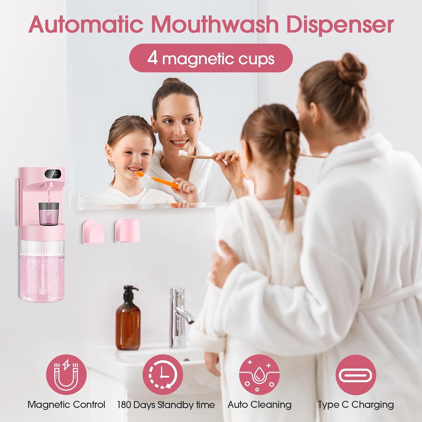 Automatic Mouthwash Dispenser for Bathroom,20.29 oz Touchless Electric Mouth Wash Dispensers Bathroom Accessories Set with 4 Magnetic Cups,4 Modes Wall Mounted Mouth Wash Dispenser for Home & Kids