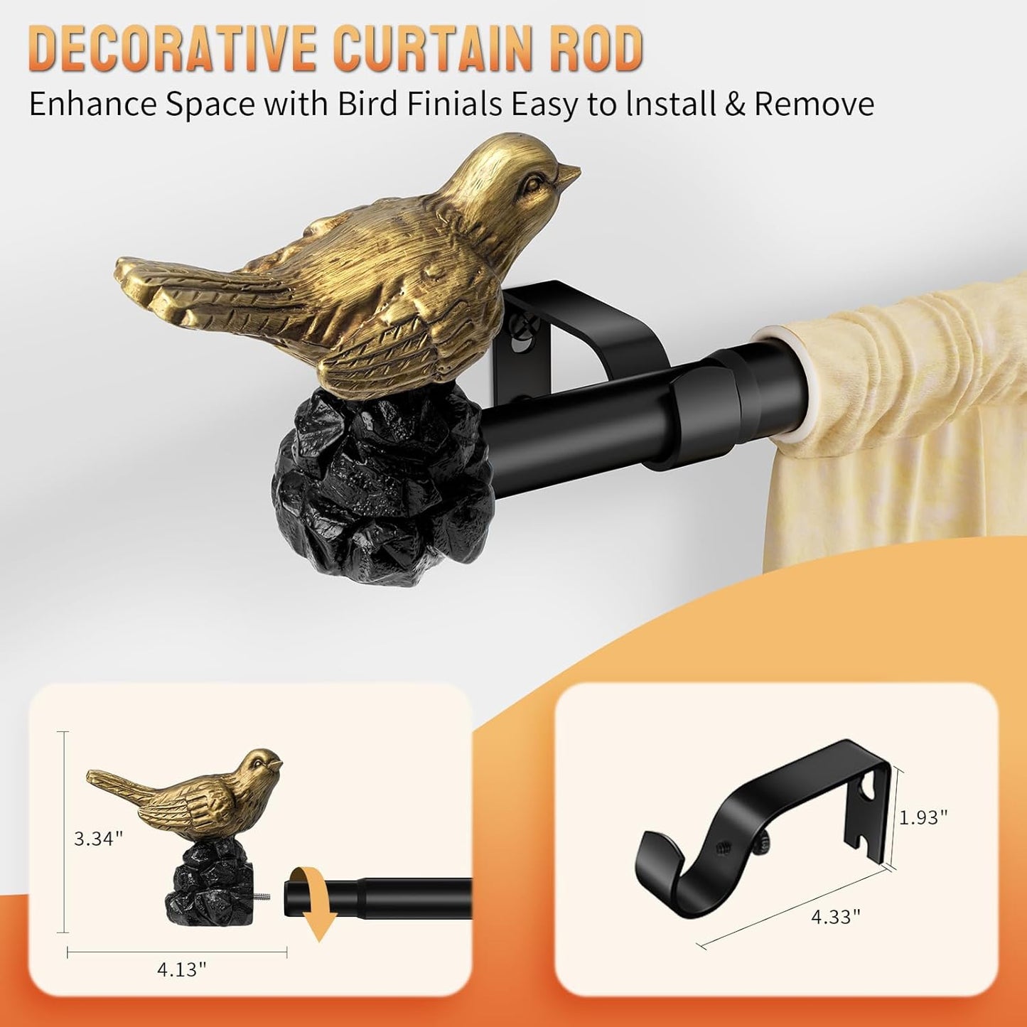 Decorative Black Curtain Rod 36 to 144 Inches Adjustable Drapery Rod with Bird Finials Heavy Duty Curtain Rods for Windows Living Room Kitchen